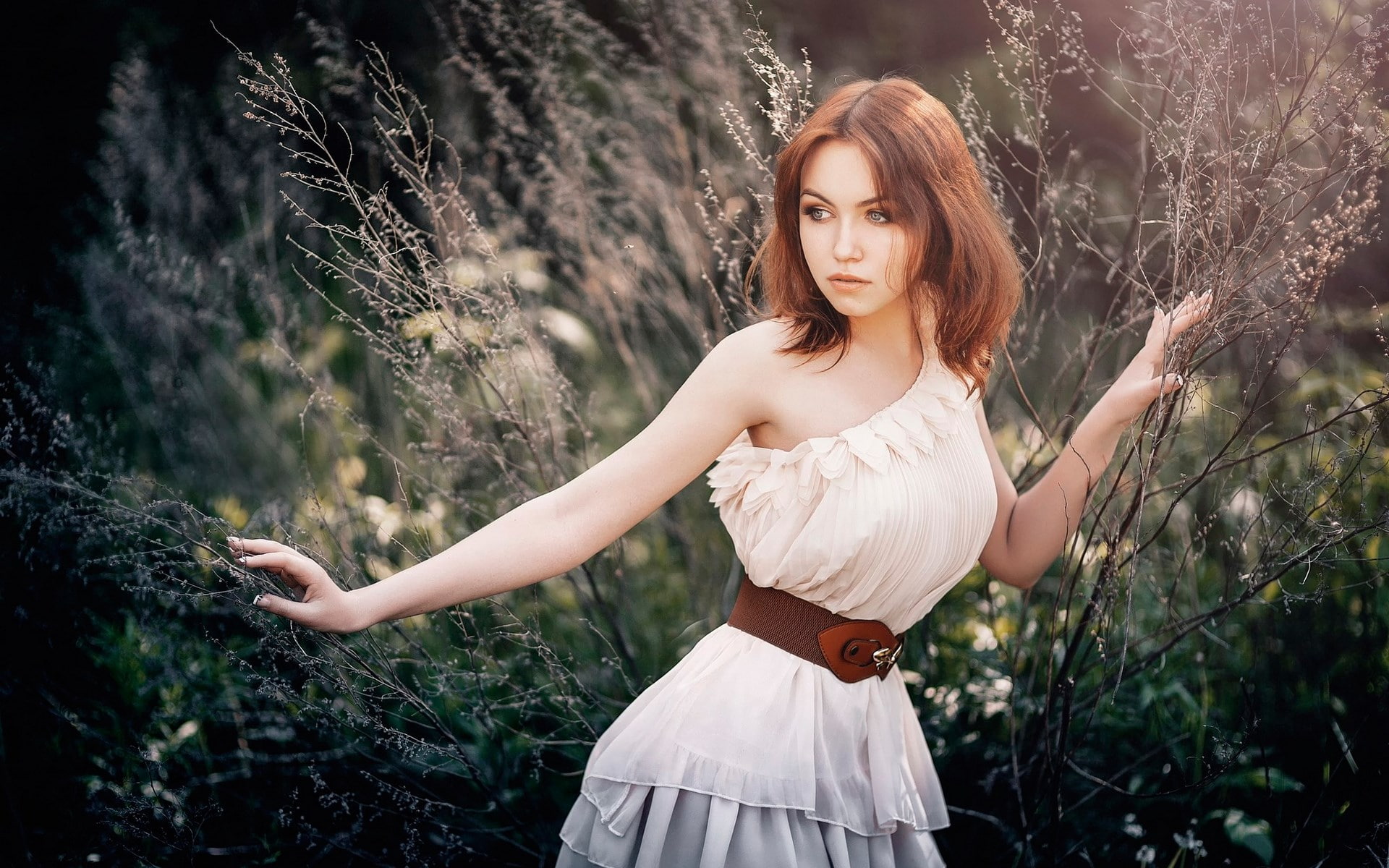 hairstyle, three quarter length, land, young adult, portrait, contemplation, beautiful woman, tree, fashion, hot girl pics 1920x1200, outdoors, plant, one person, HD Wallpaper