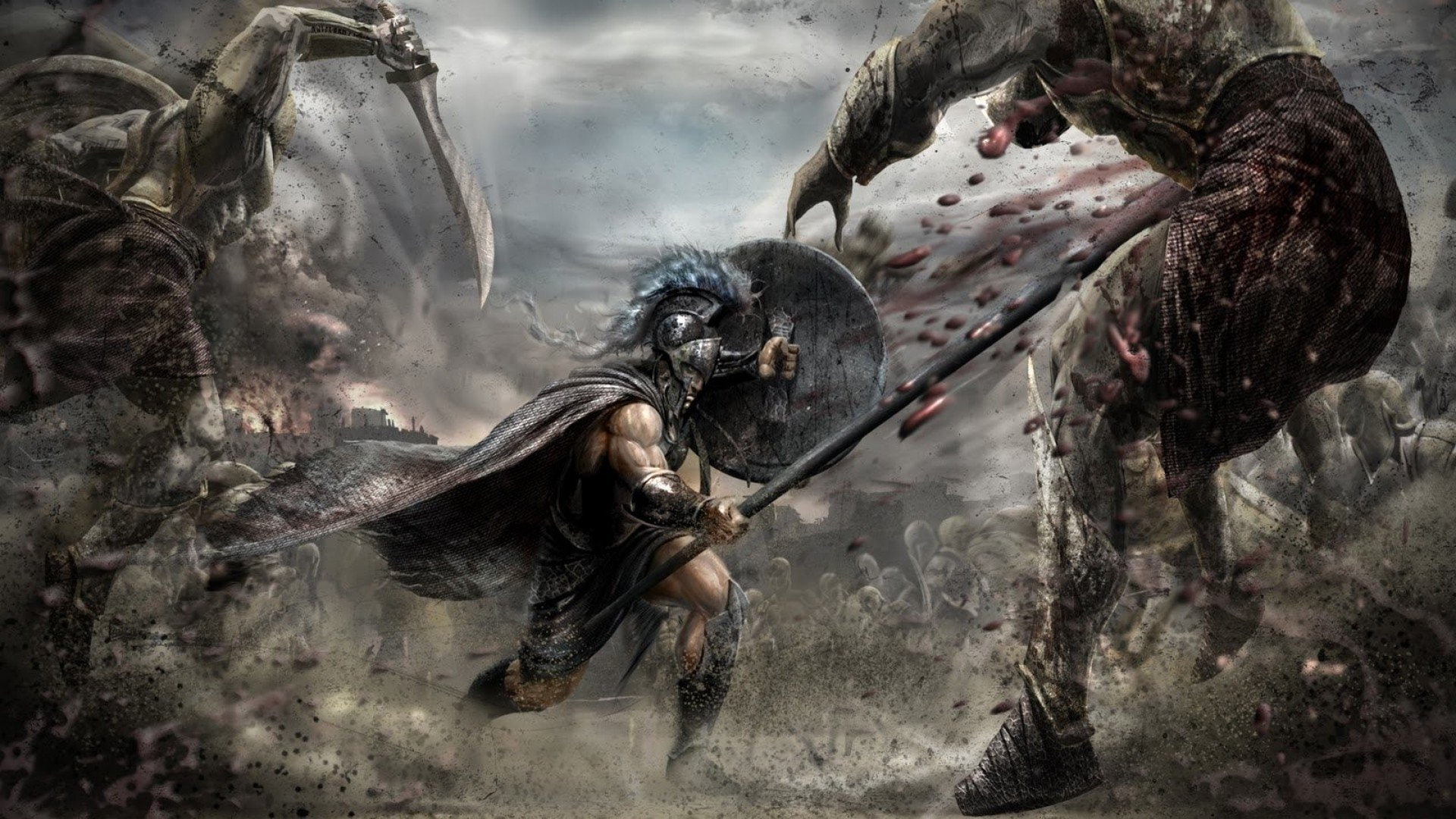 fantasy, giant, 1080P, art, spear, arts, spartan, war, 1920x1080, battles, HD Wallpaper