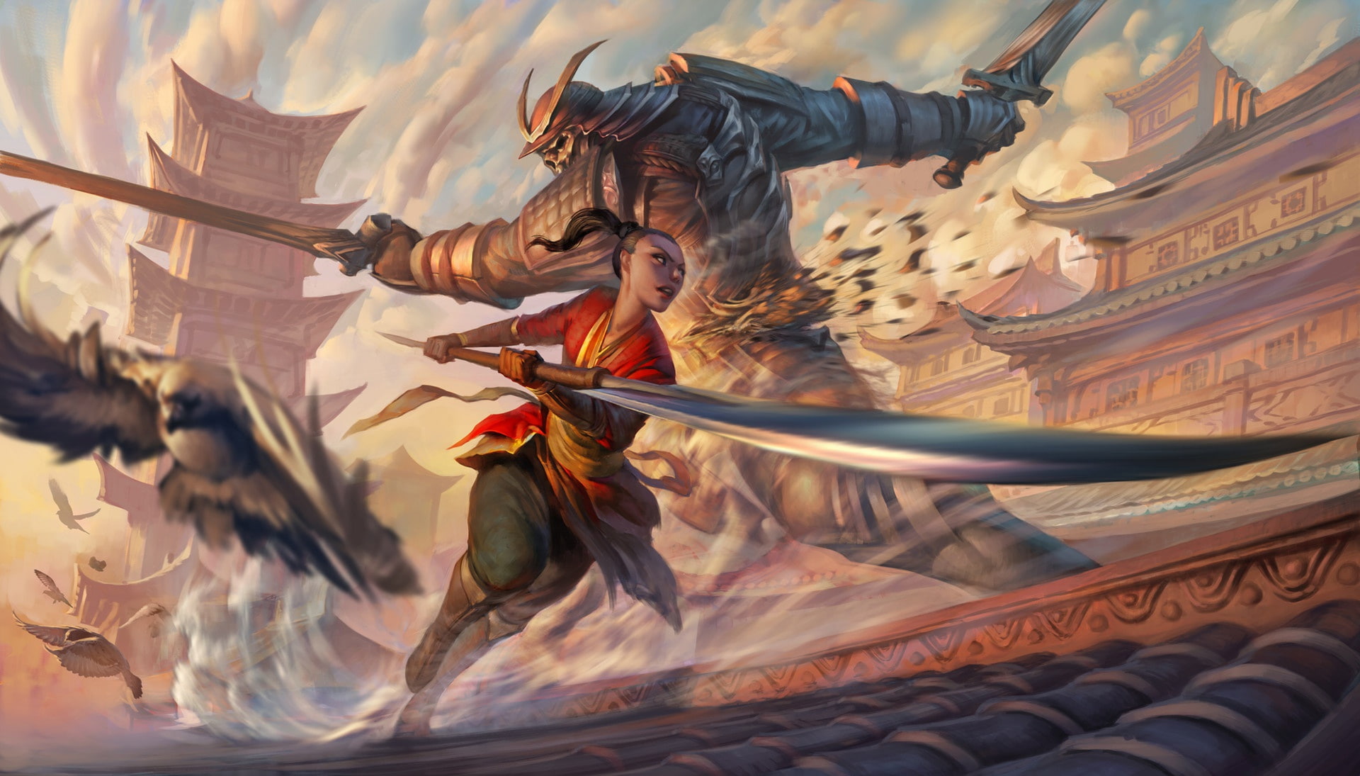 tiles, katana, buildings, fantasy, Golem, girl, roof, giant, birds, sword, artwork, weapon, fantasy art, battle, 1080P, Samurai, warrior, architecture, HD Wallpaper