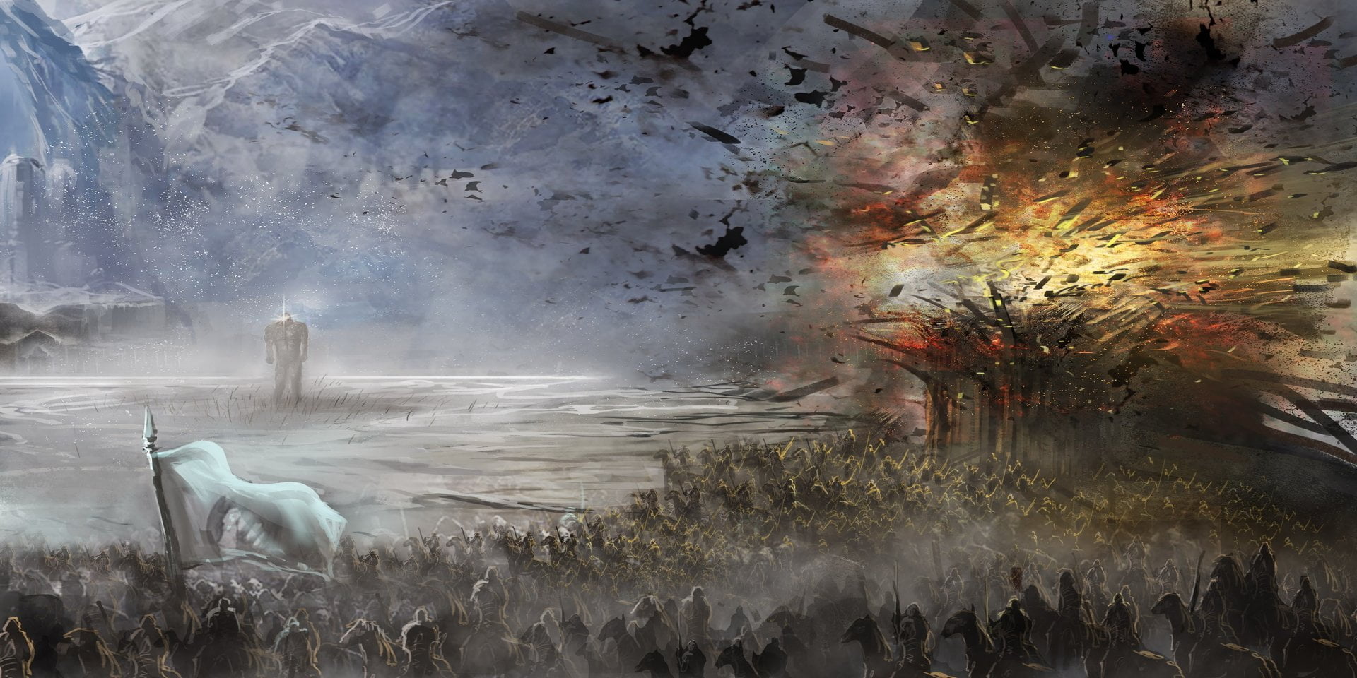 outdoors, Horse, digital composite, no people, animal themes, Warrior, domestic animals, motion, pets, Giant, nature, Army, Explosion, animal, Battle, Fantasy, HD Wallpaper