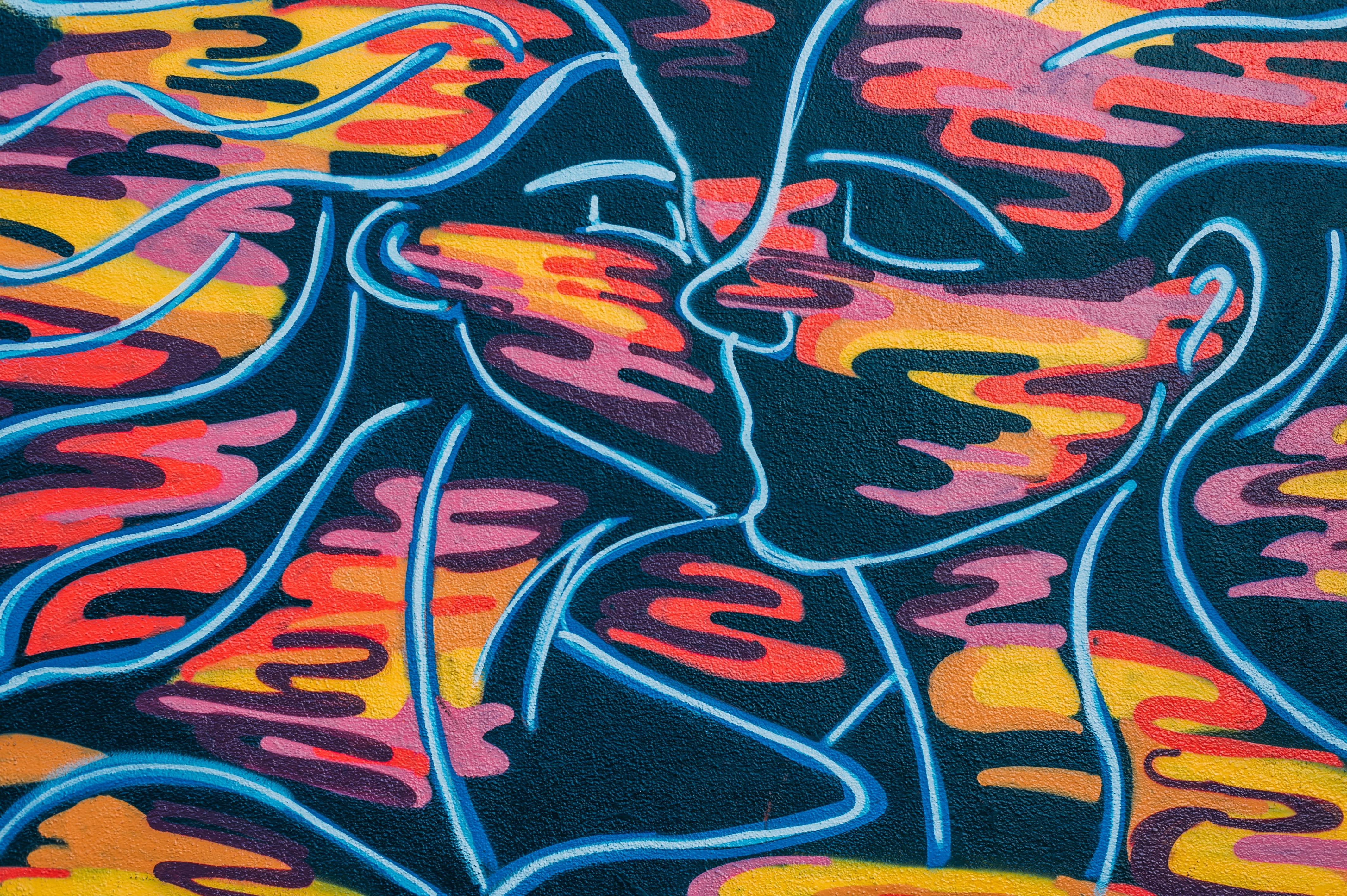 textured, painted Image, color Image, multi Colored, choice, vibrant Color, street art, spray paint, kissing, backdrop, woman, variation, indoors, creativity, HD Wallpaper