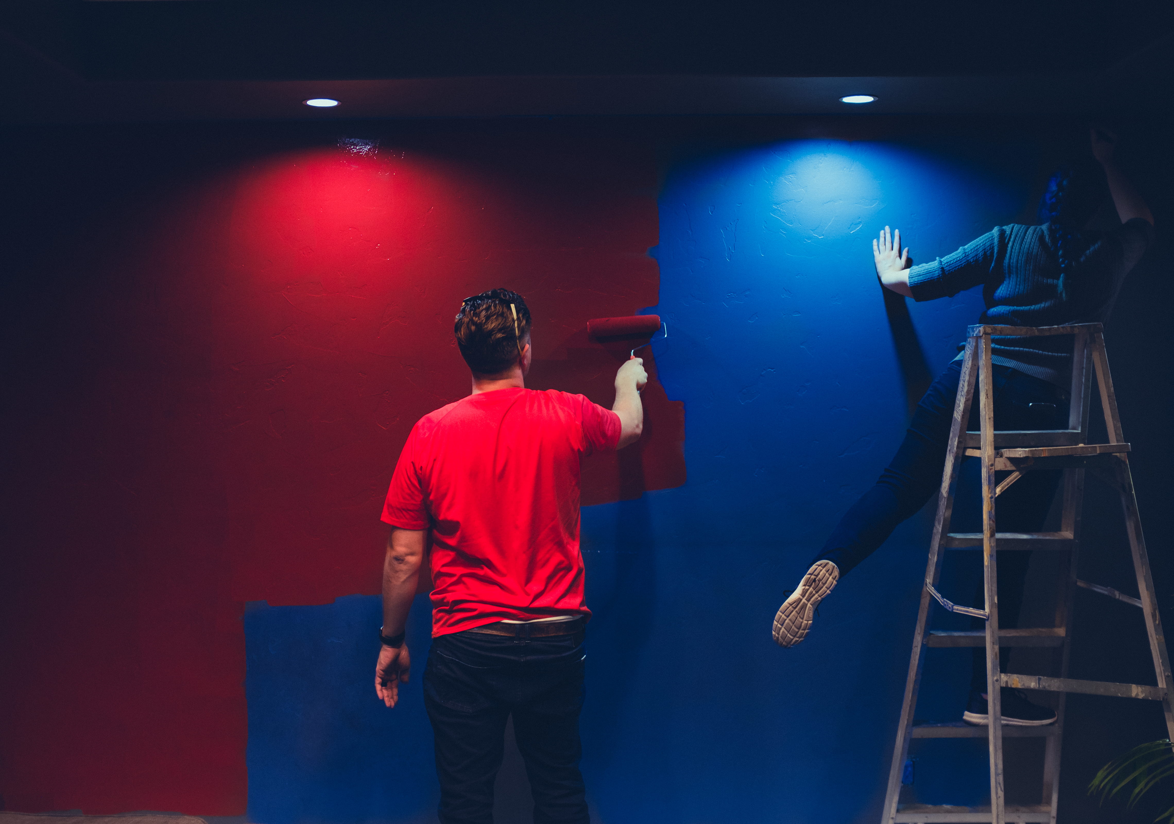 wall, beside, artist, 4K, indoors, three quarter length, red, paint, nightlife, man, arts culture and entertainment, rear view, ladder, standing, painting, HD Wallpaper