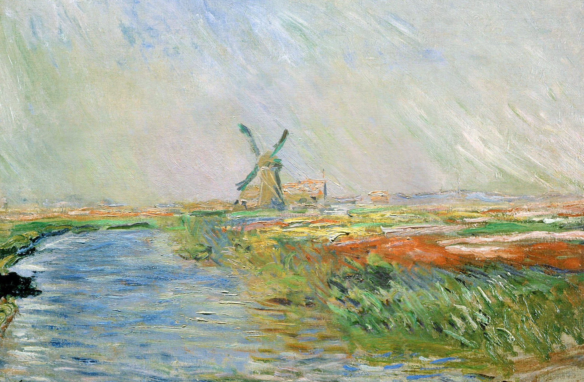 outdoors, 1080P, day, nature, painted, river, animal themes, windmill, water, landscape, creativity, waterfront, Claude Monet, no people, sea, textured effect, HD Wallpaper