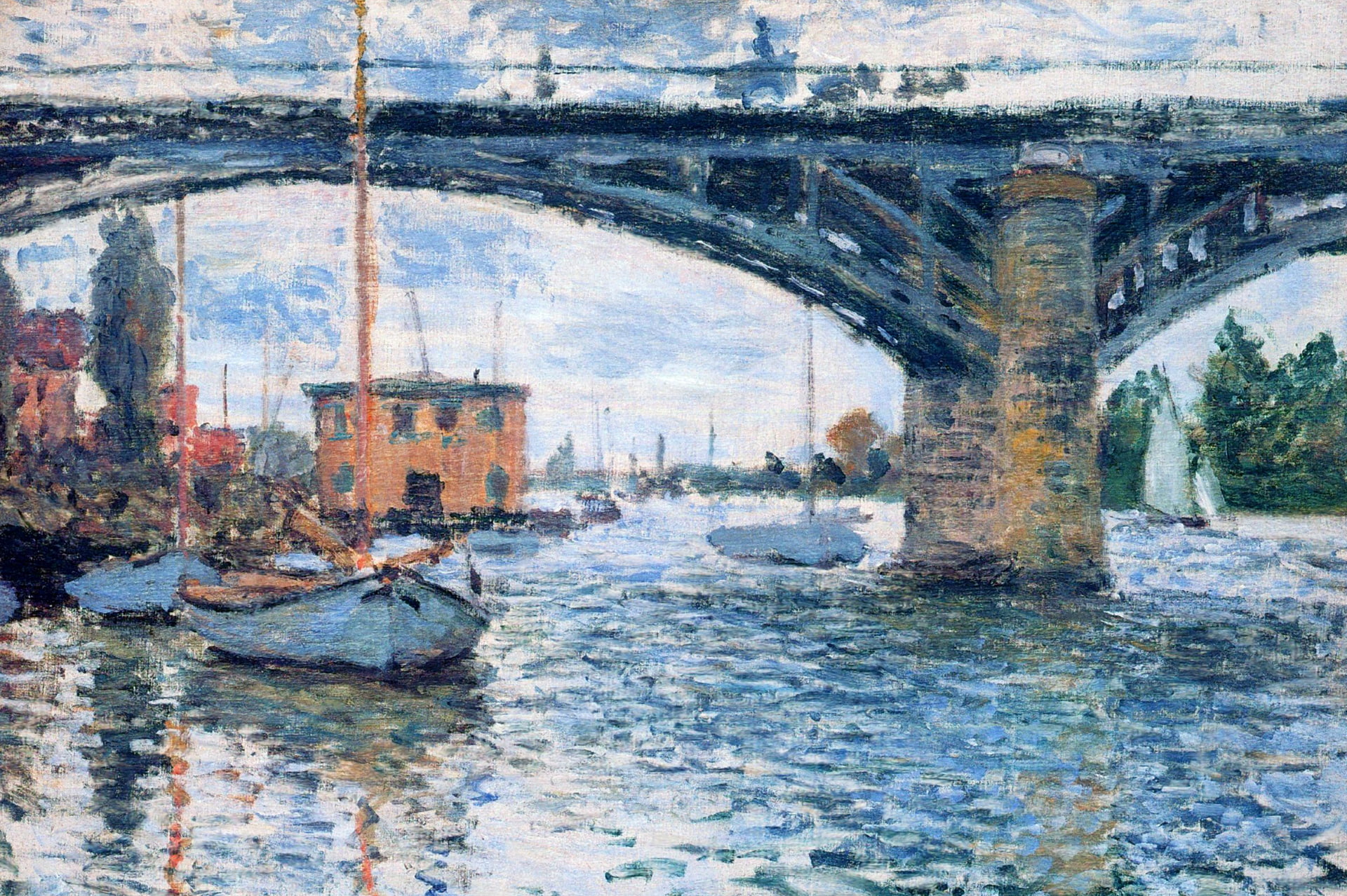 1080P, The bridge at Argenteuil. Overcast, landscape, picture, Claude Monet, the city, boat, HD Wallpaper