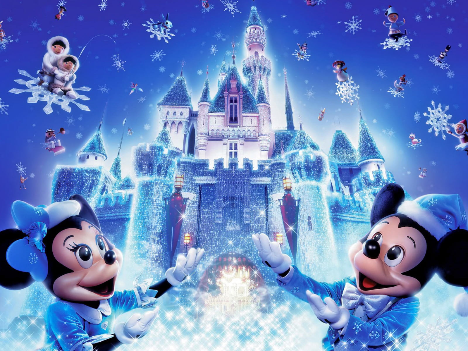 snow, sky, disney, cartoon, blue, mickey, christmas, christmas ornament, illuminated, architecture, building exterior, winter, 720P, representation, nature, HD Wallpaper