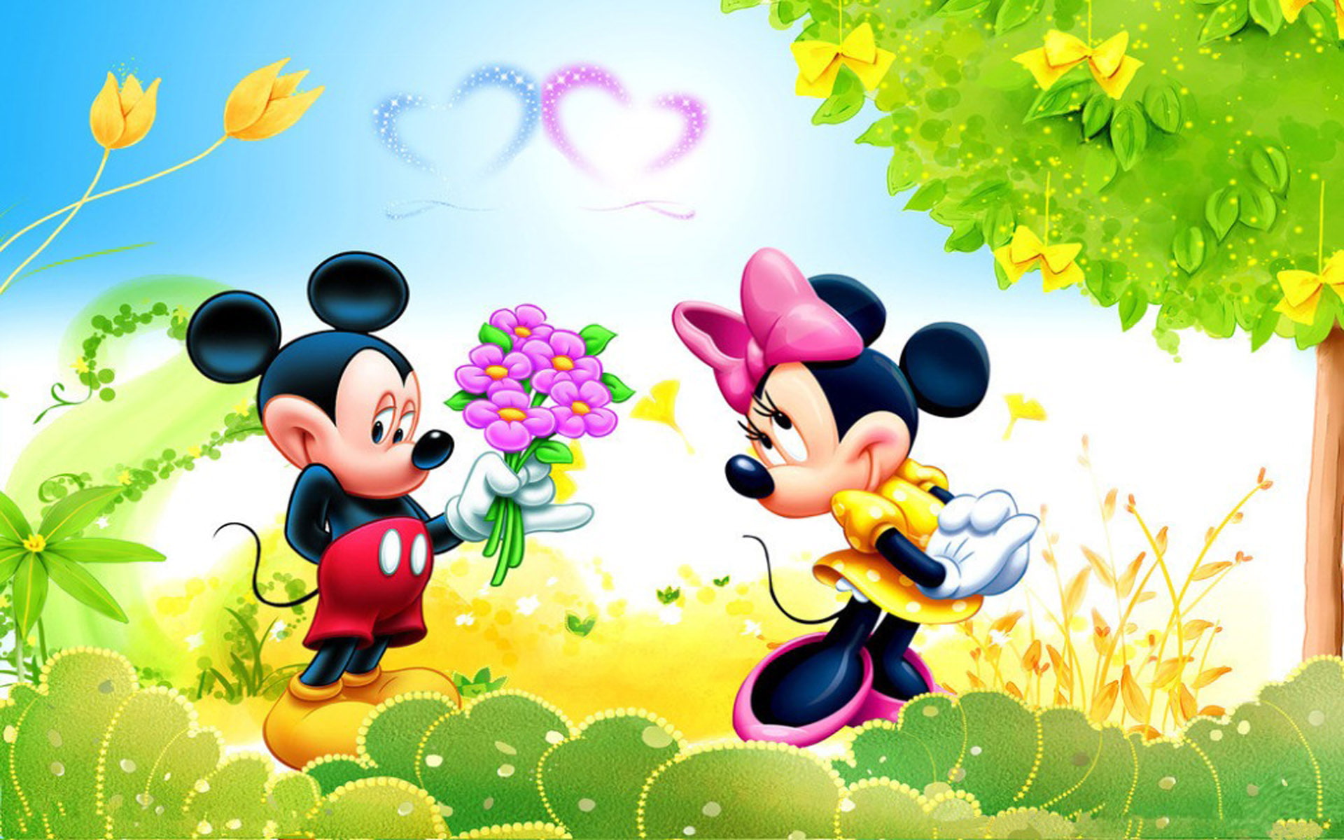 flowers, butket, 1080P, mickey, hd, fil, meadow, shy, mouse, cartoon, mini, HD Wallpaper