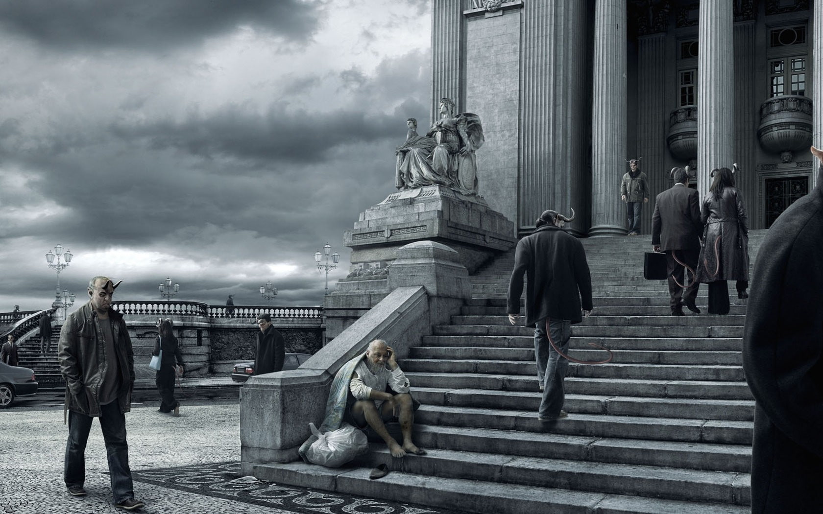 Platinum Conception s, horns, stairs, statue, digital art, fantasy art, 720P, building, Photoshop, HD Wallpaper