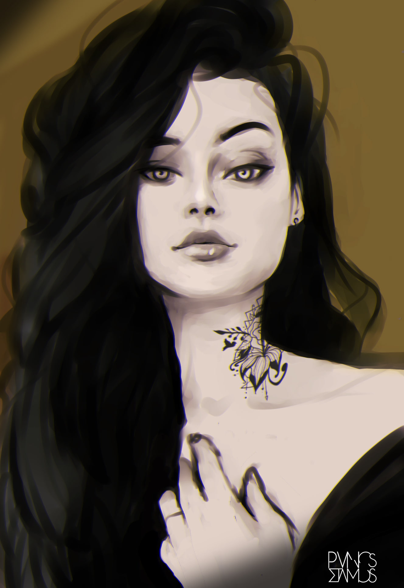 indoors, looking at camera, paint brushes, one person, black hair, black color, artwork, front view, clothing, adult, portrait, beauty, PanosStamo, fashion, Phone HD Wallpaper