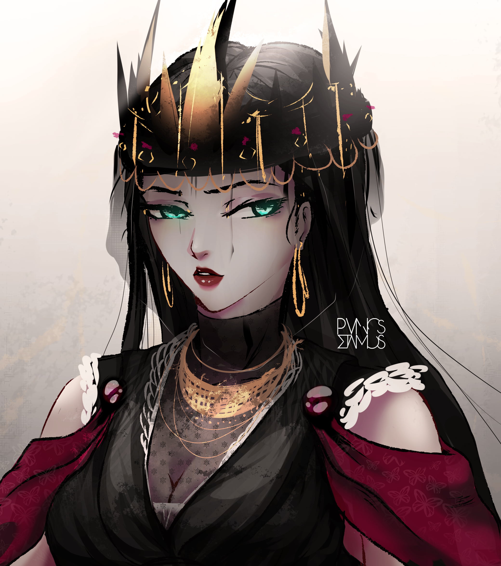 crown, black hair, fantasy girl, PanosStamo, anime, fantasy art, 1080P, dark, anime girls, artwork, dark hair, illustration, green eyes, Queen, WLOP, Phone HD Wallpaper