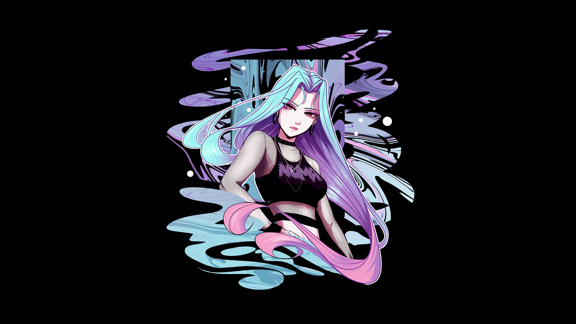PanosStamo, fantasy art, black background, illustration, anime girls, fantasy girl, 1080P, blue hair, artwork, HD Wallpaper