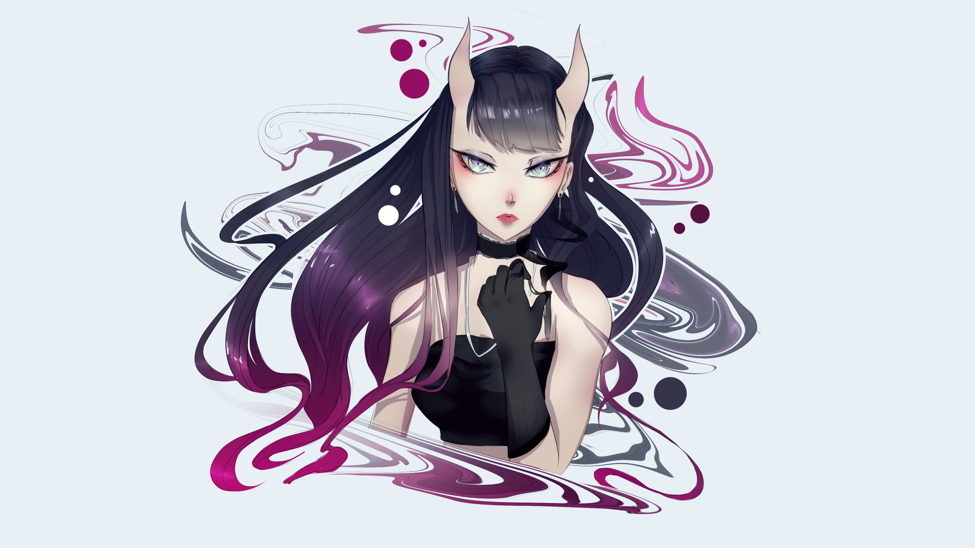 anime, illustration, digital art, 4K, anime girls, blue eyes, fantasy art, white background, black hair, PanosStamo, maid, purple hair, HD Wallpaper