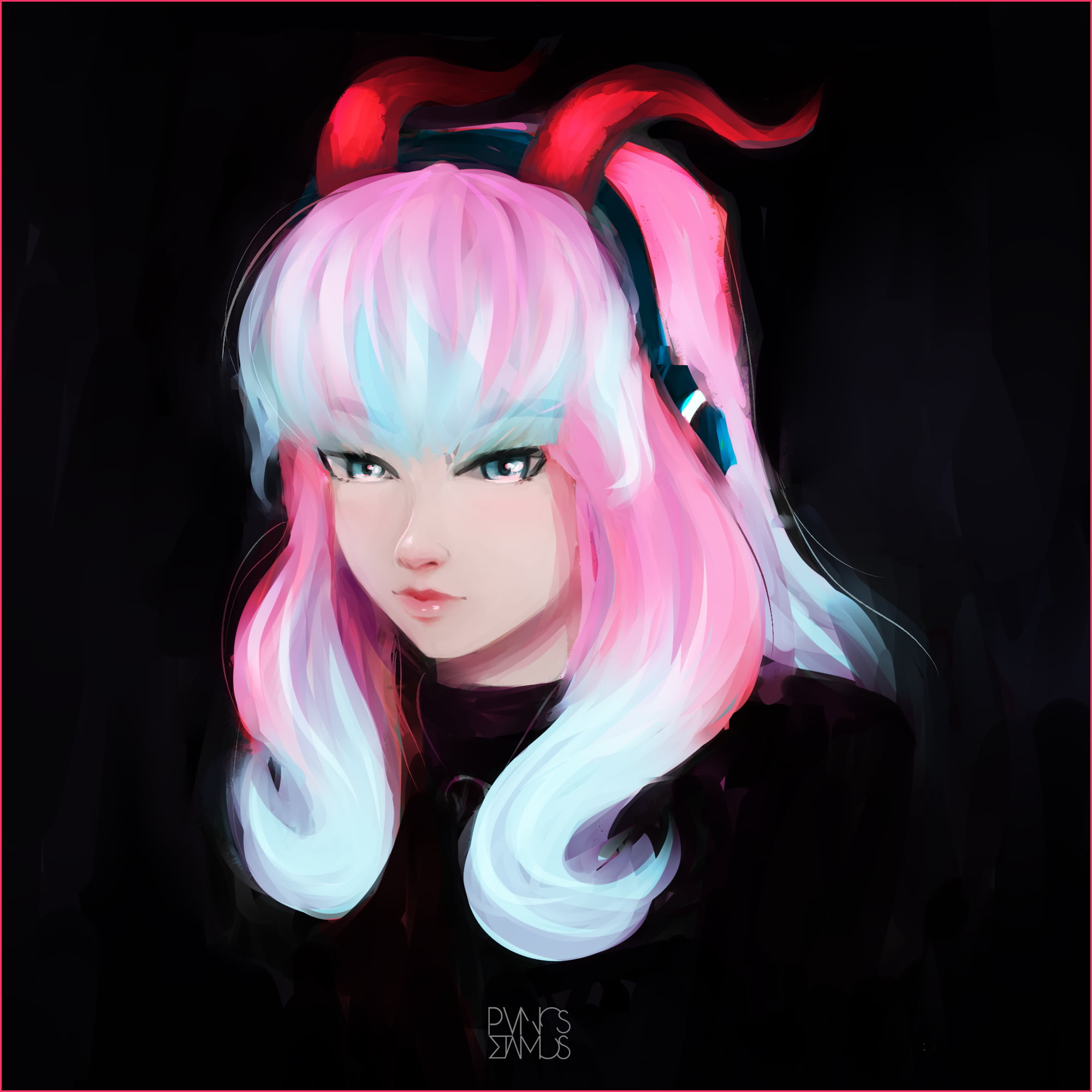 blue eyes, Chinese Brush Painting, artwork, black background, horns, women, anime girls, painting, futuristic, 1080P, pink hair, fantasy girl, drawing, Phone HD Wallpaper