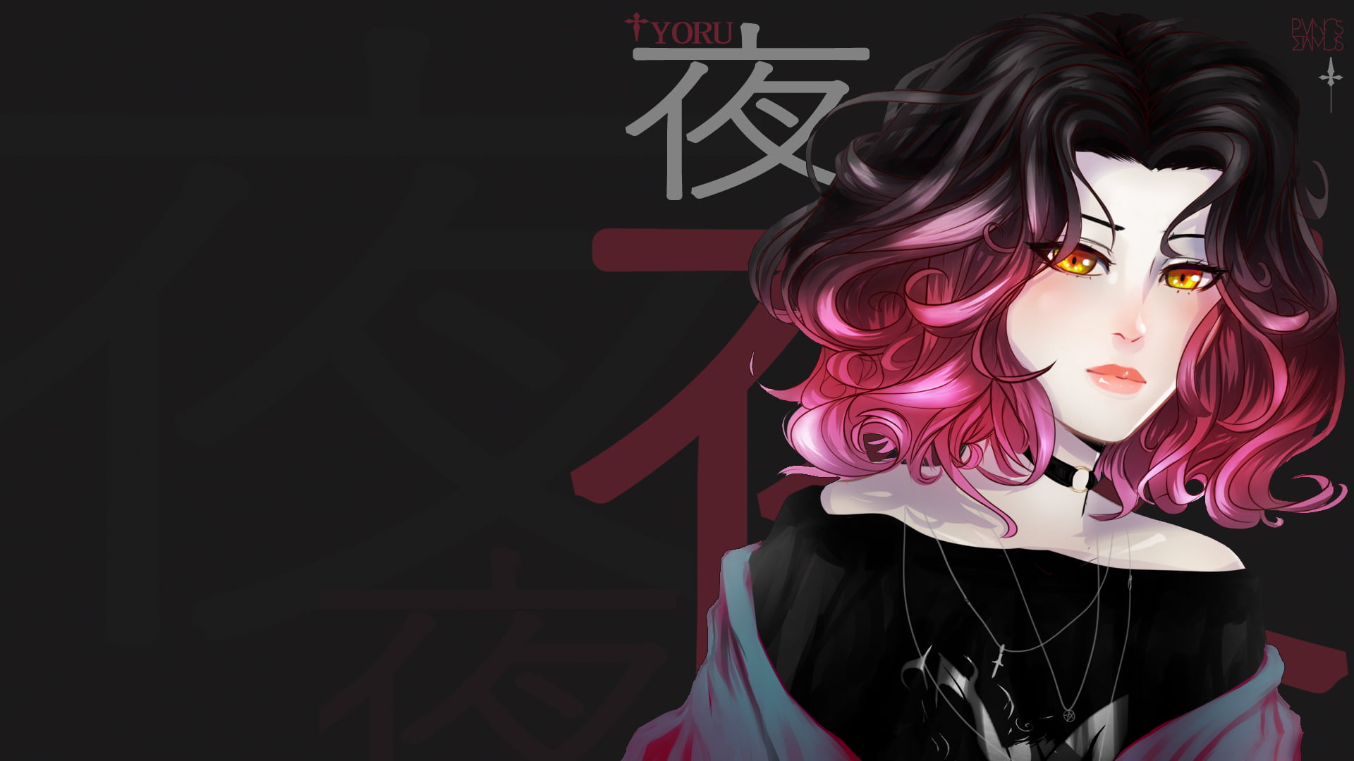 PanosStamo, dark background, anime, dark hair, 1080P, pink hair, anime girls, digital art, HD Wallpaper
