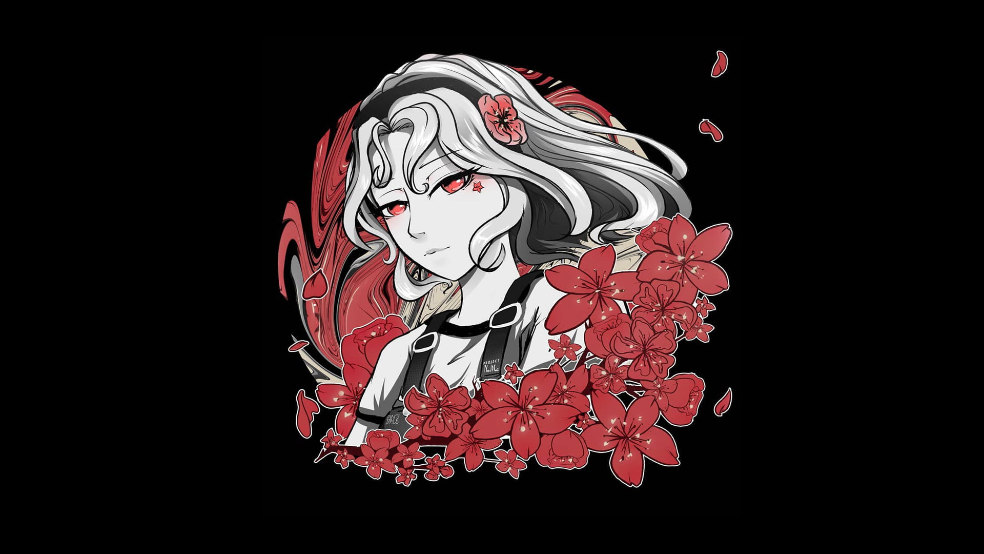 red eyes, black background, red flowers, PanosStamo, illustration, 1080P, anime girls, artwork, fantasy girl, fantasy art, HD Wallpaper