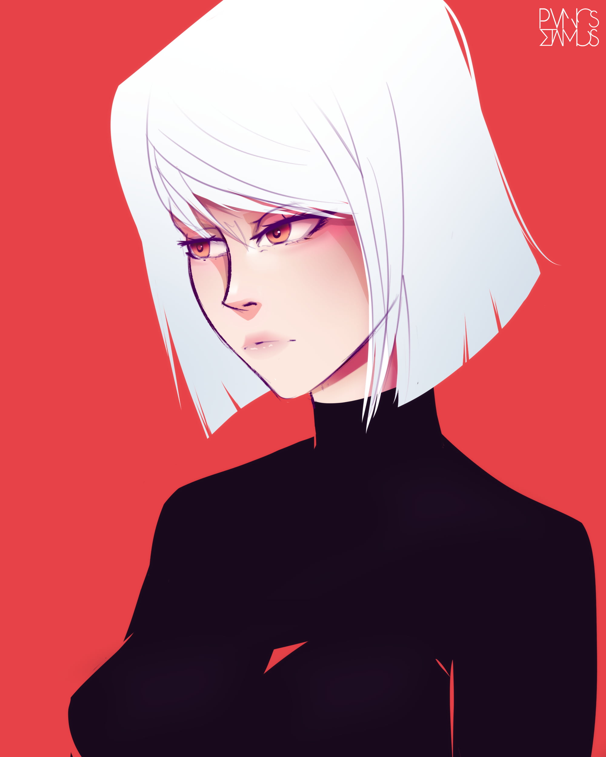 model, white hair, illustration, artwork, portrait, digital art, women, anime girls, black, PanosStamo, anime, fantasy art, 1080P, short hair, Phone HD Wallpaper