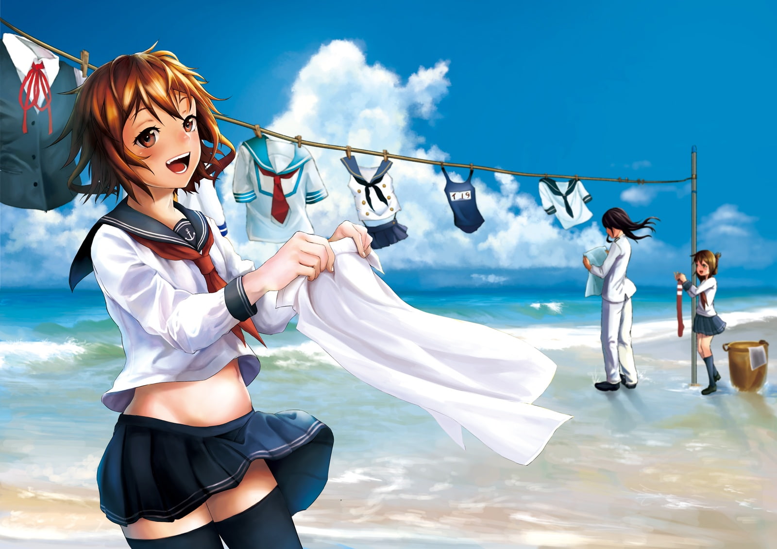 skirt, 720P, eyes, brown, beach, com, shinra, short, seifuku, thighhighs, konachan, hair, kneehighs, male, water, sky, zettai, ryouiki, abe, long, black, HD Wallpaper