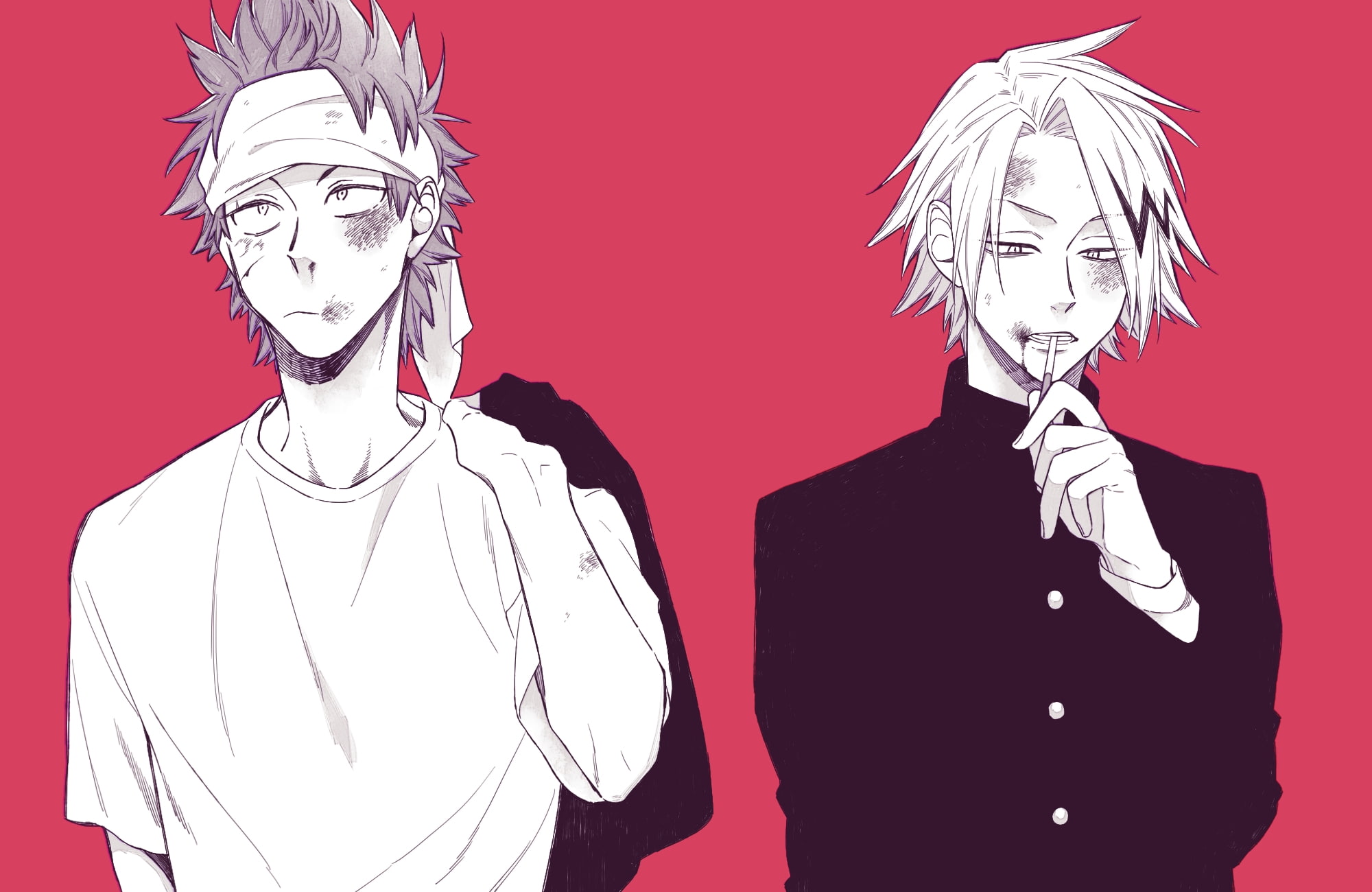 two people, eijiro kirishima, clothing, standing, waist up, studio shot, suit, Anime, young adult, adult, digital composite, 1080P, women, men, boku no hero academia, HD Wallpaper