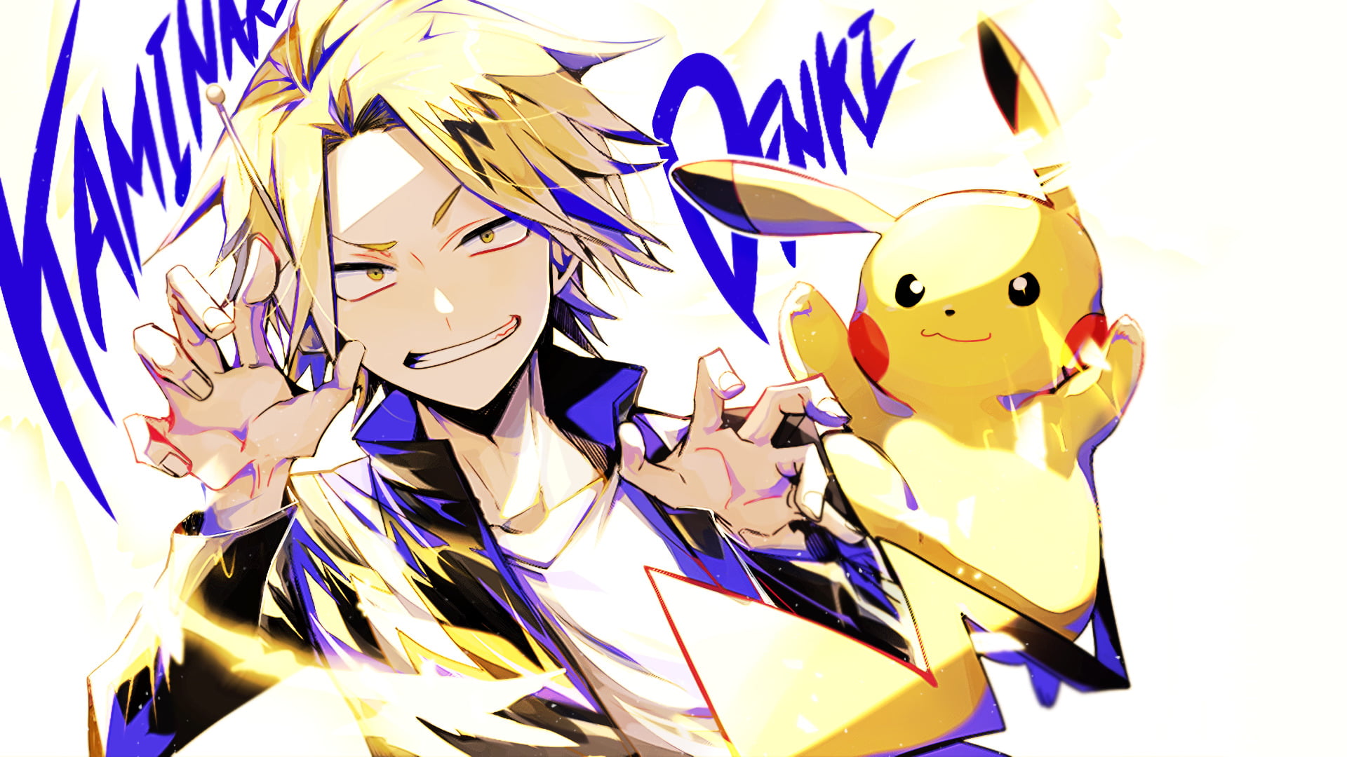 white background, representation, Smile, no people, still life, Pokémon, close-up, shiny, male likeness, indoors, Tail, Lightning, Blonde, Yellow Eyes, HD Wallpaper