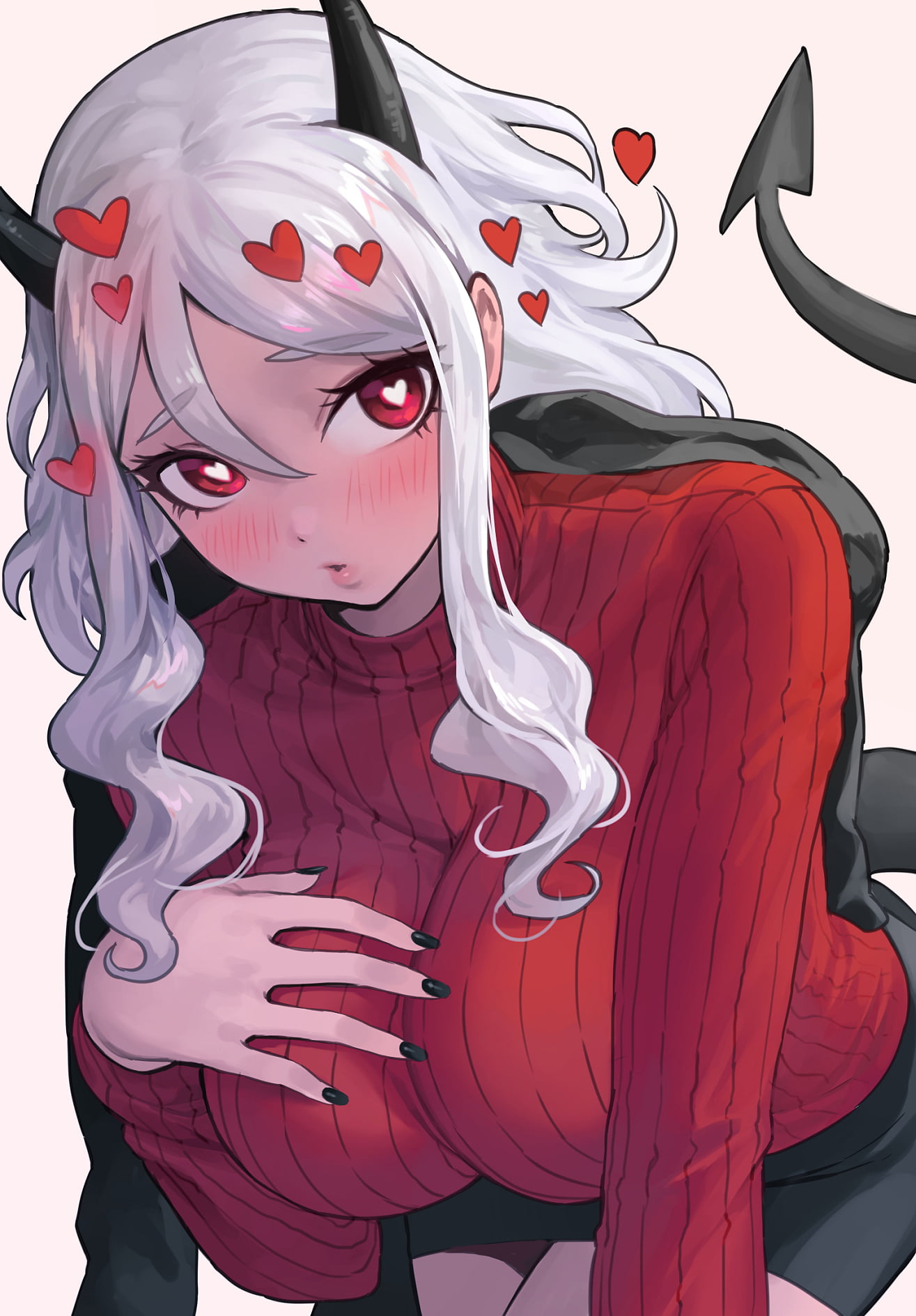 720P, Helltaker, heart eyes, white hair, red sweater, red eyes, Phone HD Wallpaper