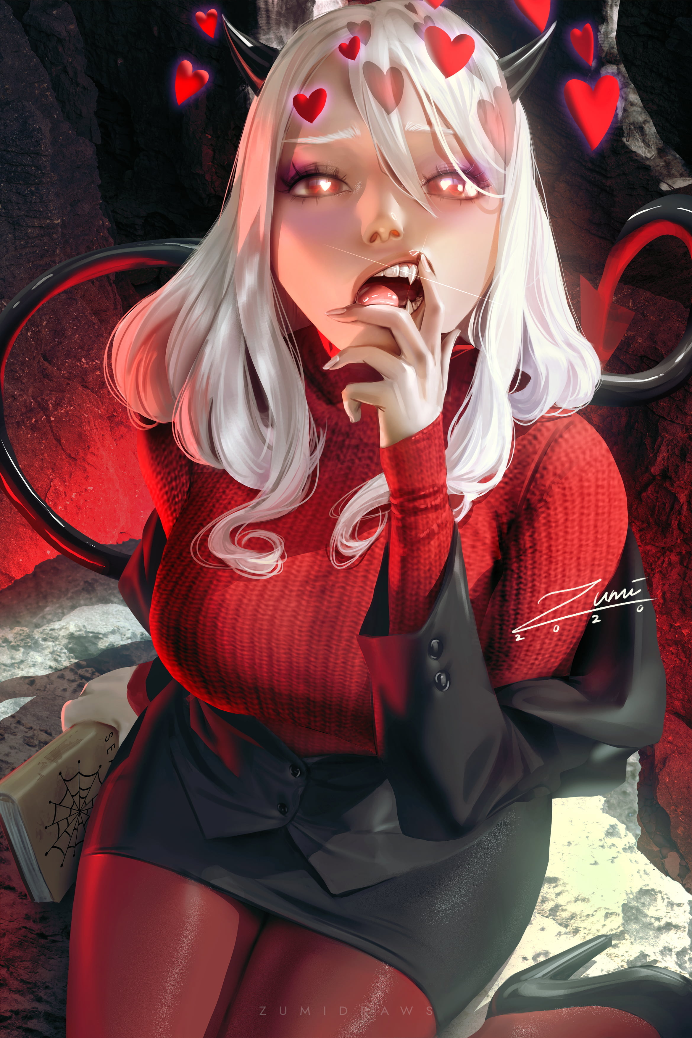 2K, white hair, sitting, rocks, book in hand, black skirts, anime, red sweater, bangs, high heels, black coat, white eyebrows, long hair, fan art, demon tail, Phone HD Wallpaper