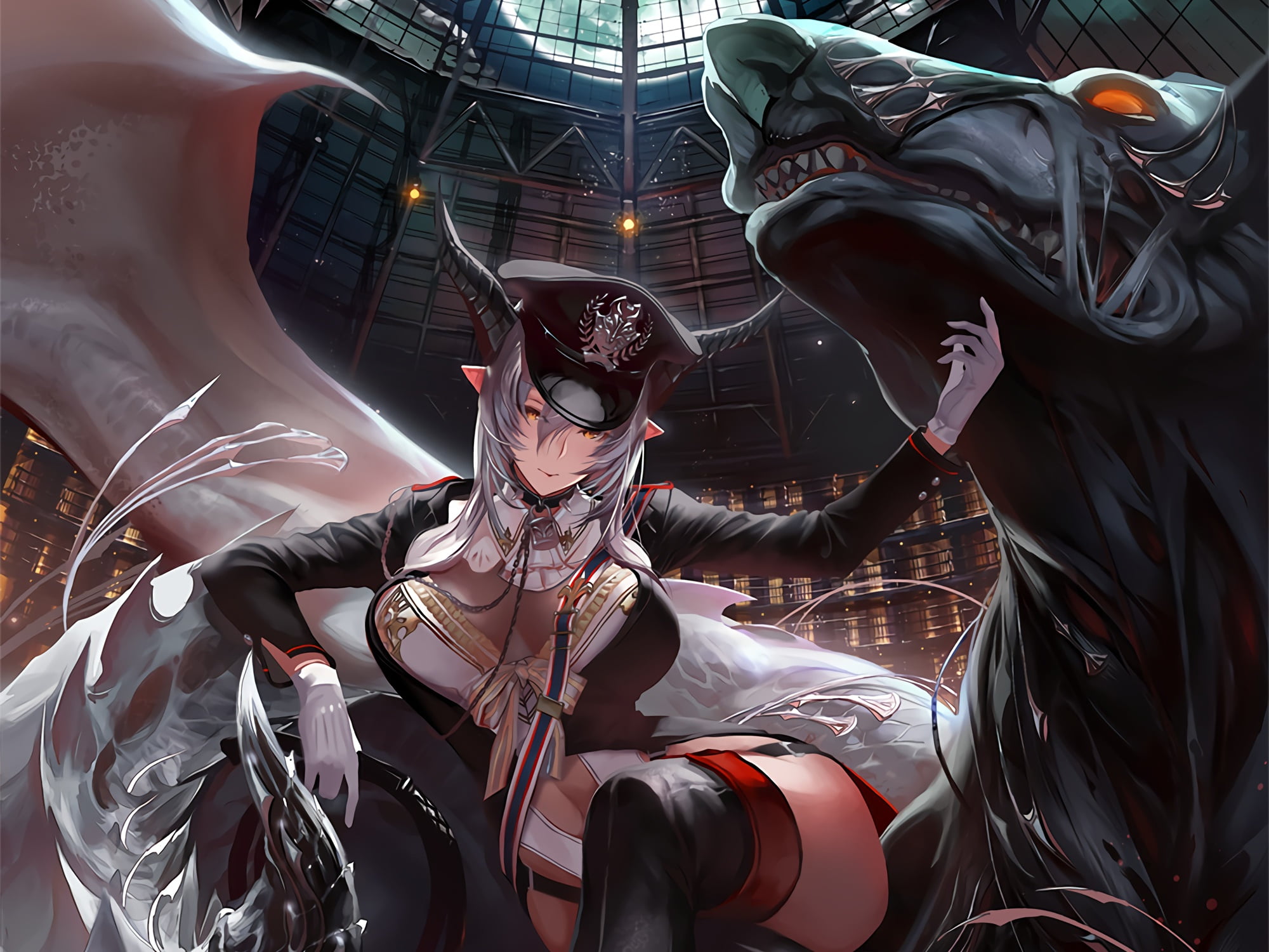 hat, anime, Shingeki no Bahamut, pointed ears, beast, thigh-highs, anime girl, horns, demon, 1080P, Beast Dominator, girl, HD Wallpaper