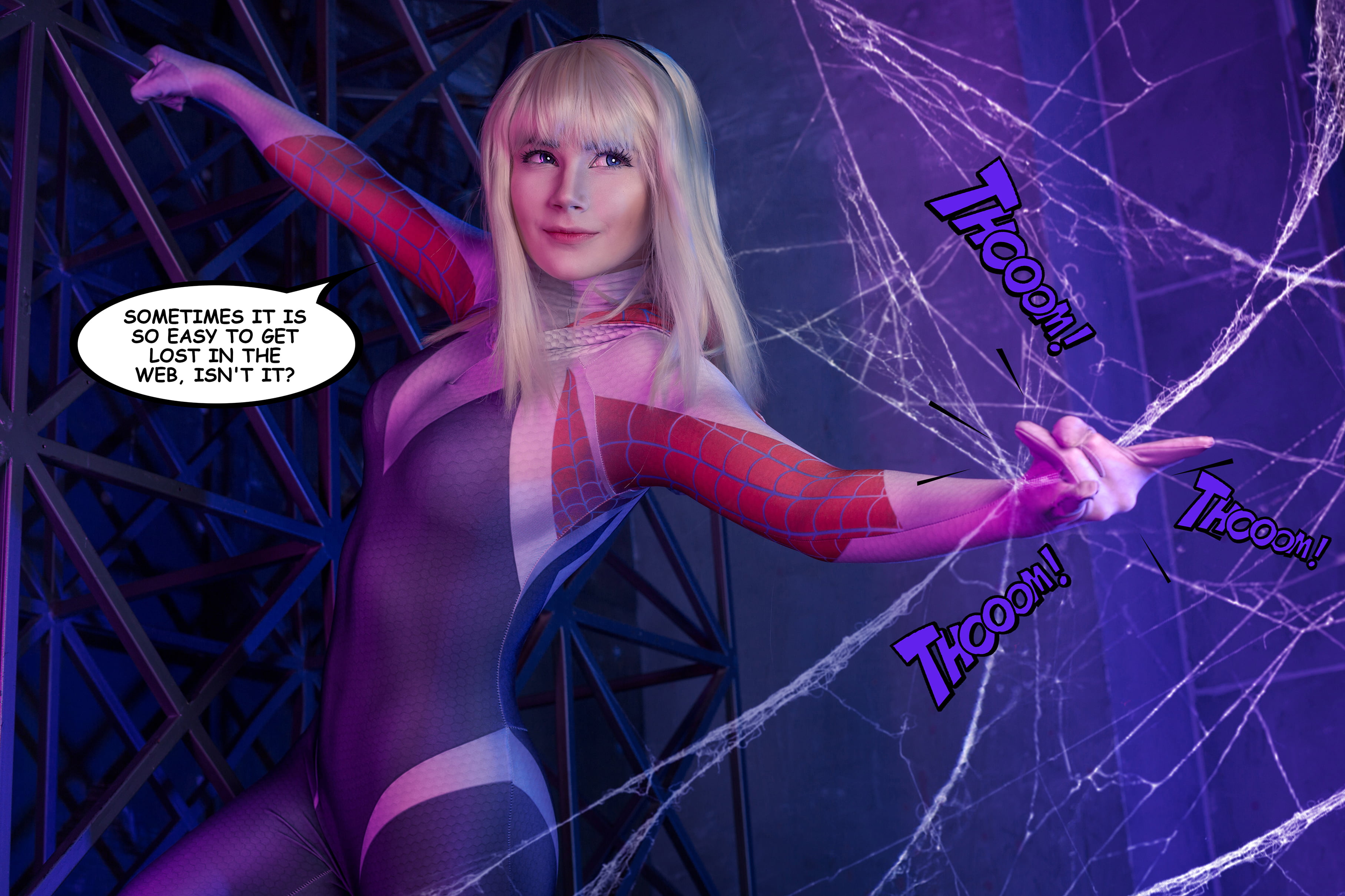 cosplay, model, looking away, smiling, 2K, speech bubble, Gwen Stacy, blonde, blue eyes, Spider Gwen, women indoors, costumes, studio, bangs, indoors, HD Wallpaper