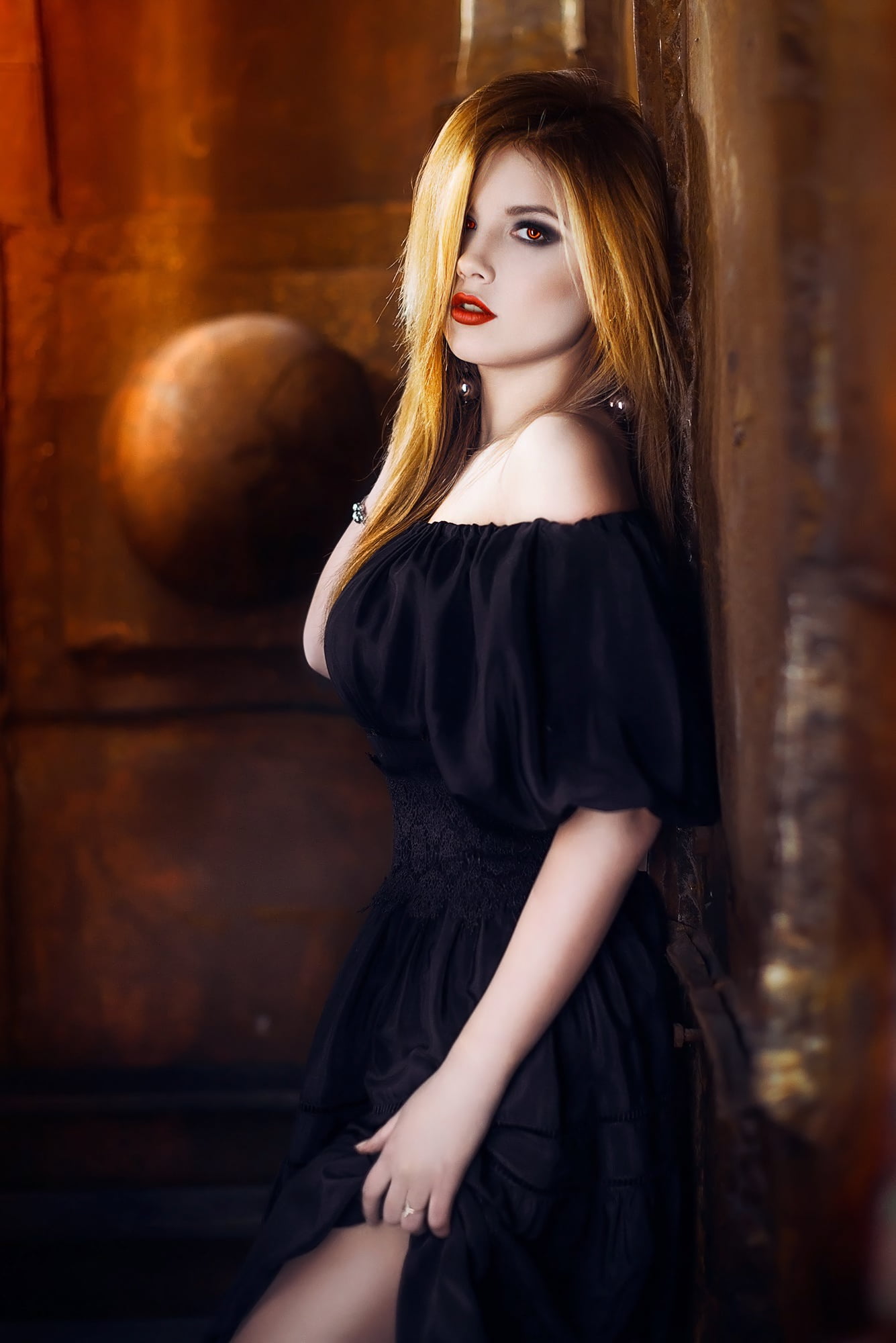 straight hair, 1080P, women, looking at viewer, Ilya Novitsky, red eyes, black clothing, hair over one eye, dress, holding clothes, bare shoulders, Ombre Hair, Phone HD Wallpaper