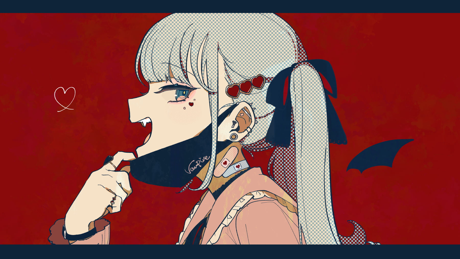 makeup, Pink eyeshadow, piercing, mask, anime, artwork, pink shirt, hair ornament, side view, 720P, solo, 2D, frills, dimple piercings, fan art, aqua eyes, HD Wallpaper
