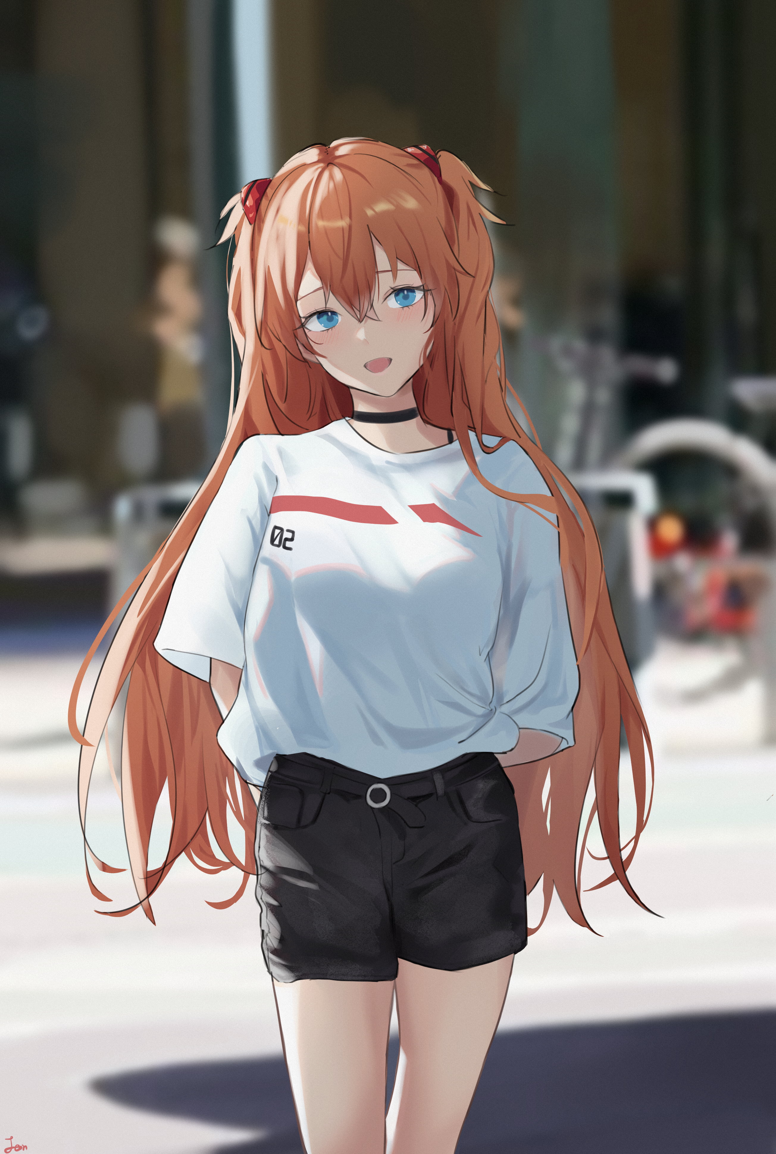 redhead, white shirt, depth of field, Jenmin12, anime, choker, twintails, blue eyes, open mouth, Neon Genesis Evangelion, vertical, casual, fan art, long hair, Phone HD Wallpaper
