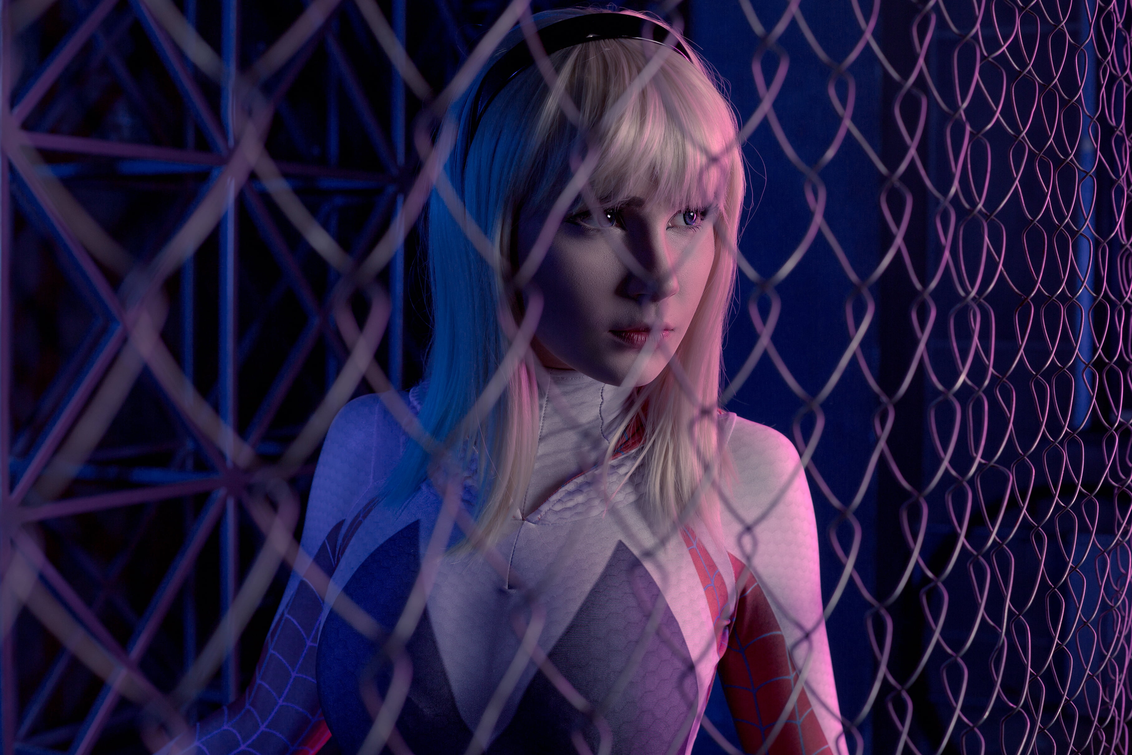 women, bokeh, Gwen Stacy, Vera Andreeva, Spider Gwen, indoors, blonde, model, 2K, chain-link, bangs, portrait, wireframe, costumes, headband, cosplay, HD Wallpaper