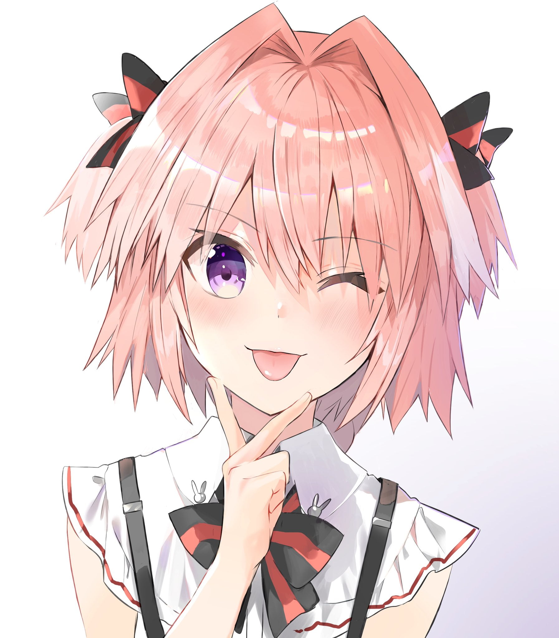 femboy, 2D, fan art, FGO, suspenders, gradient, tongue out, looking at viewer, white shirt, twintails, Astolfo (Fate/Apocrypha), Fate/Apocrypha, simple background, Phone HD Wallpaper