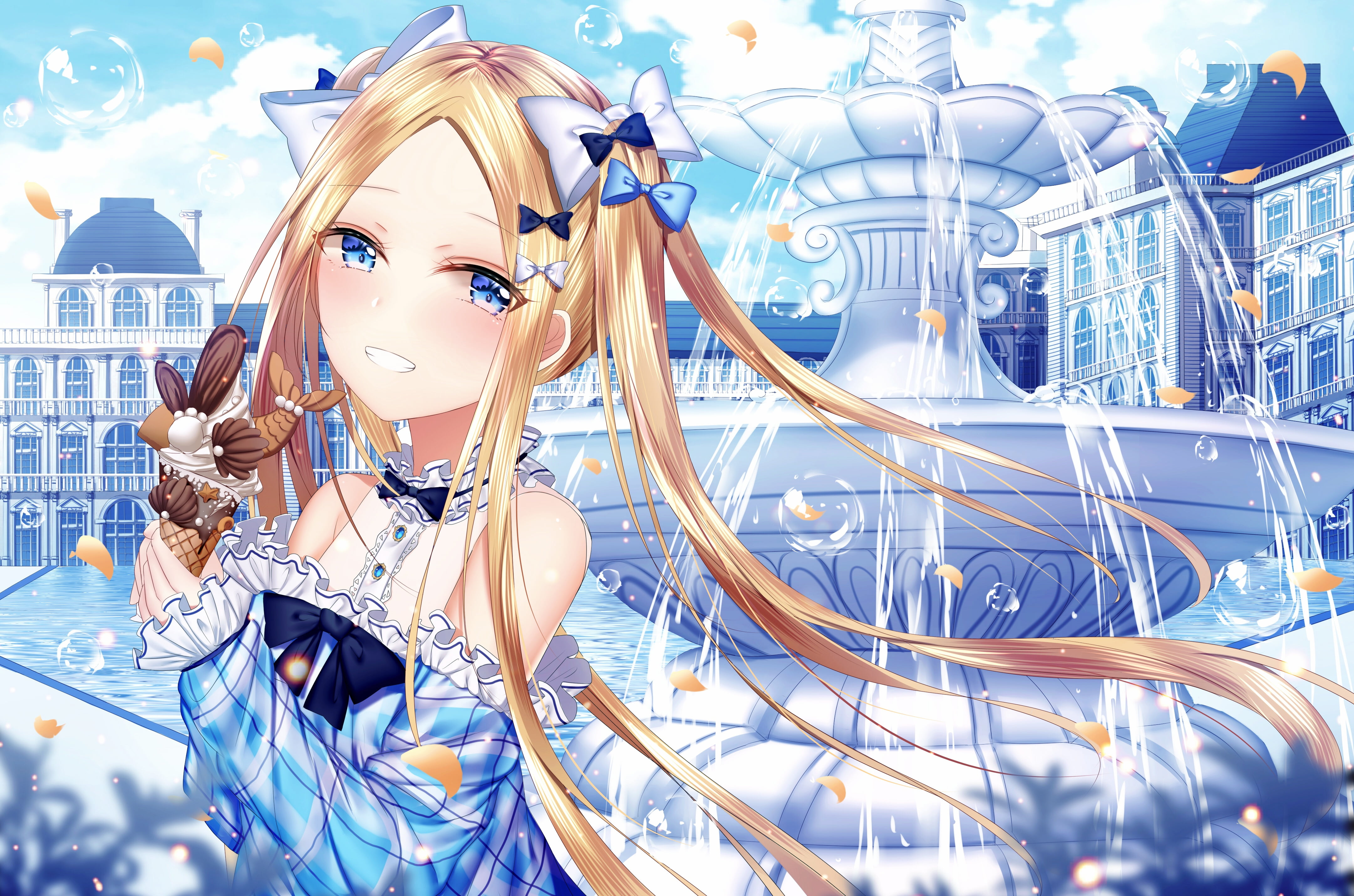 drawing, artwork, petals, blonde, clenched teeth, ice cream, Abigail Williams (Fate/Grand Order), portrait, long hair, anime, illustration, dress, fountain, HD Wallpaper