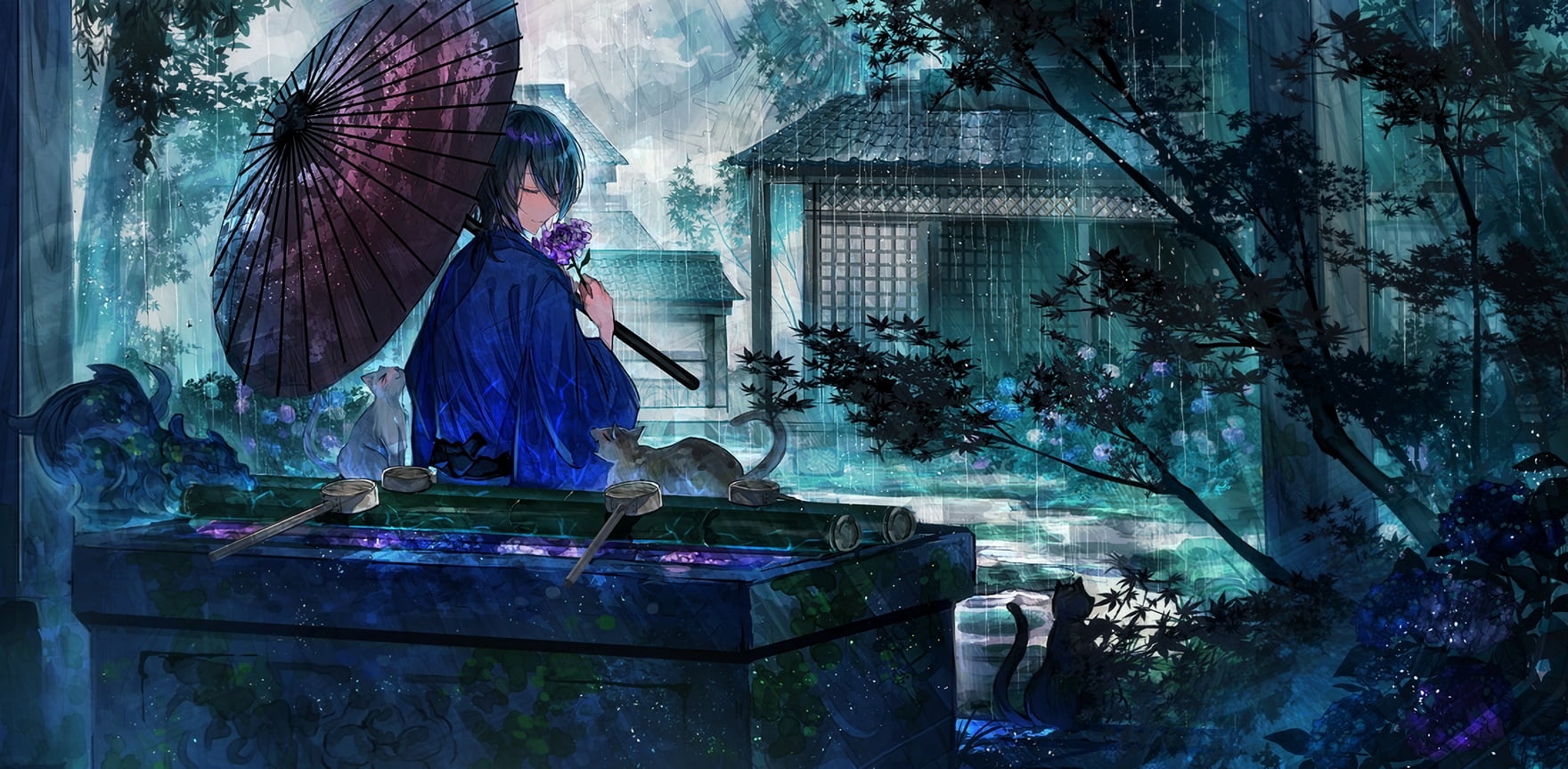 Japanese clothes, 720P, umbrella, cats, rain, water, sitting, flowers, anime, leaves, Male, black hair, trees, HD Wallpaper