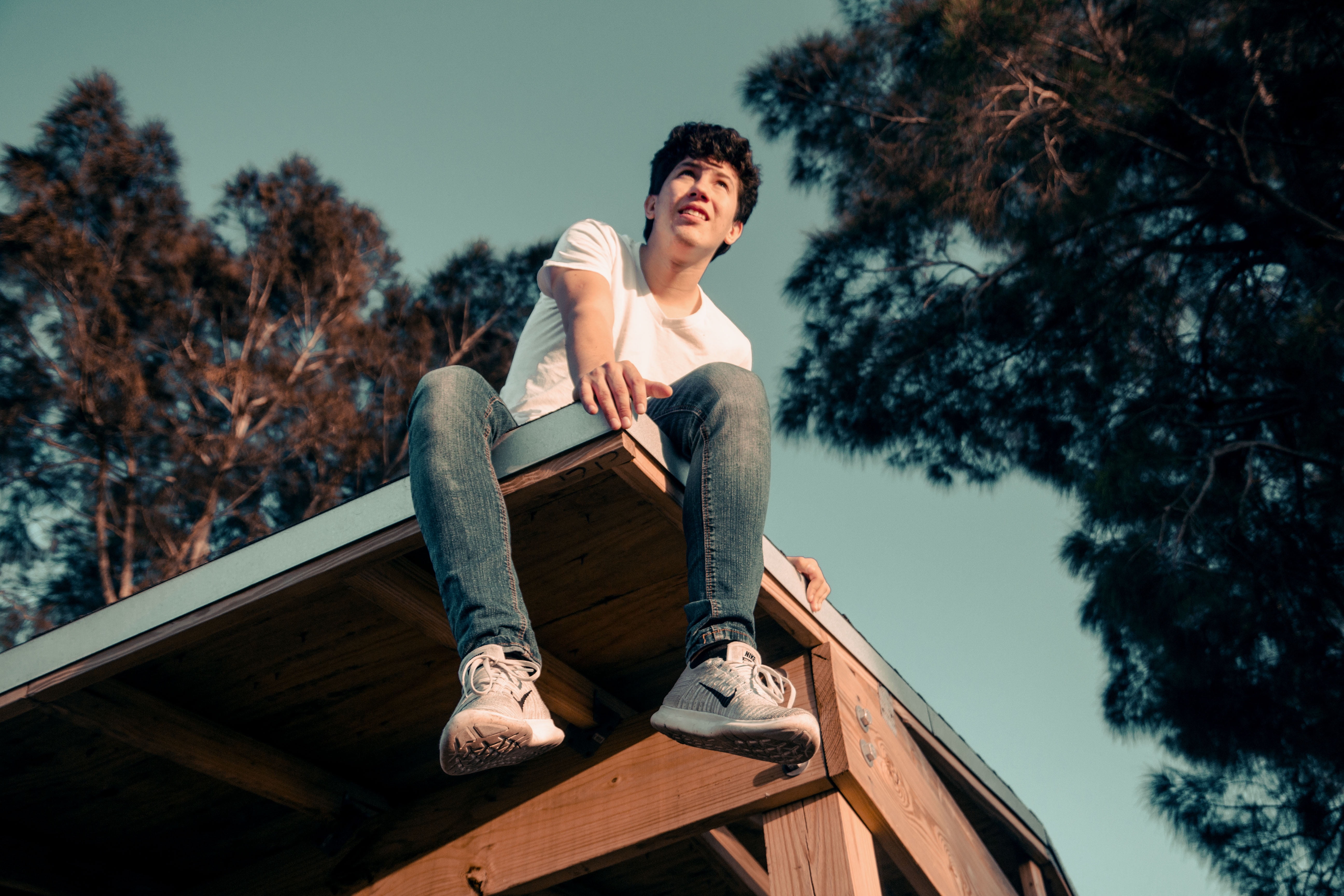 real people, wood - material, millennials, people, leisure activity, roof, teenager, tree, guy, plant, day, low angle view, males, low, lifestyles, teenage boys, HD Wallpaper