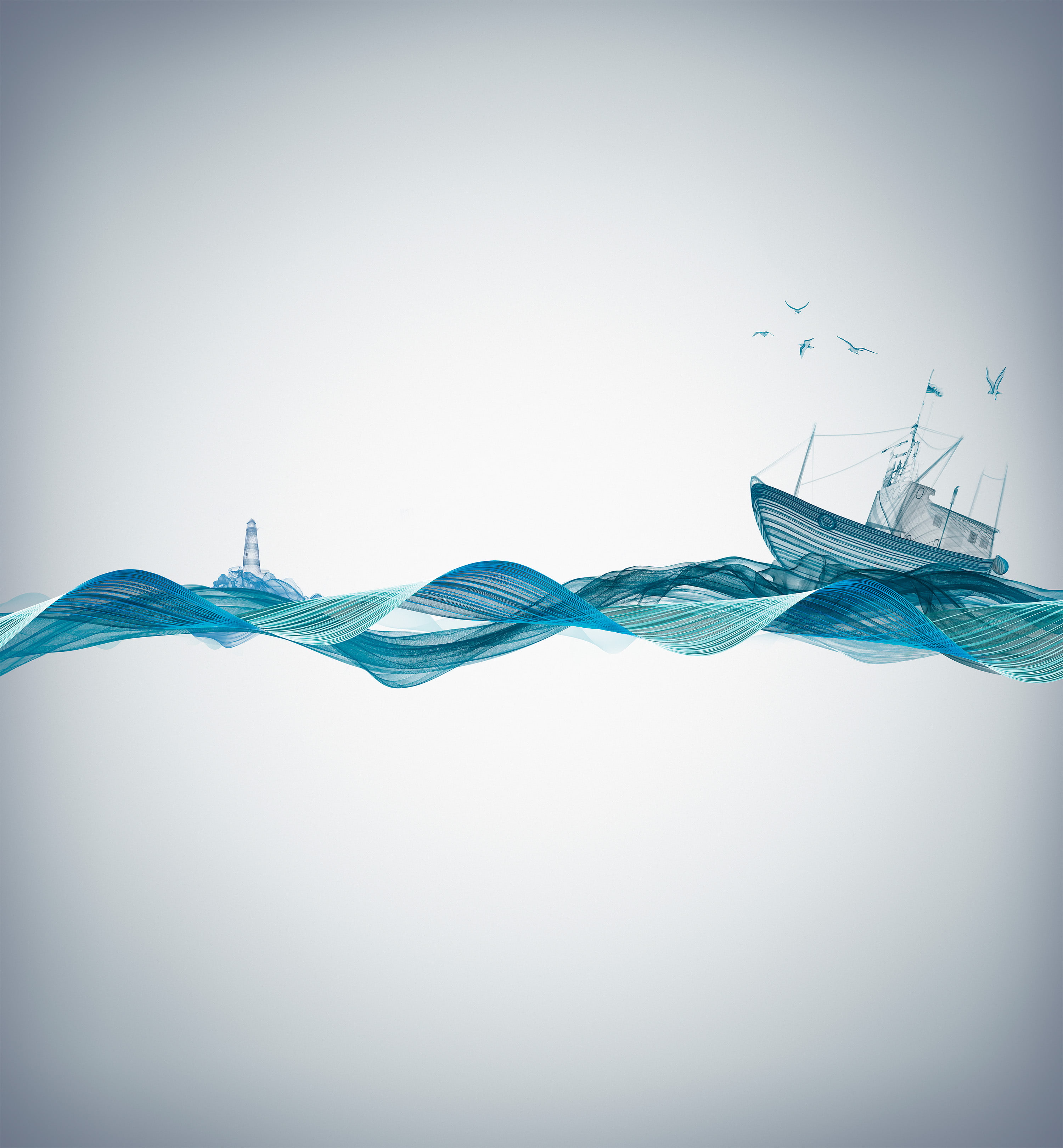 Boat, Sound waves, Sea, Artwork, CGI, 2K, Lighthouse, Phone HD Wallpaper
