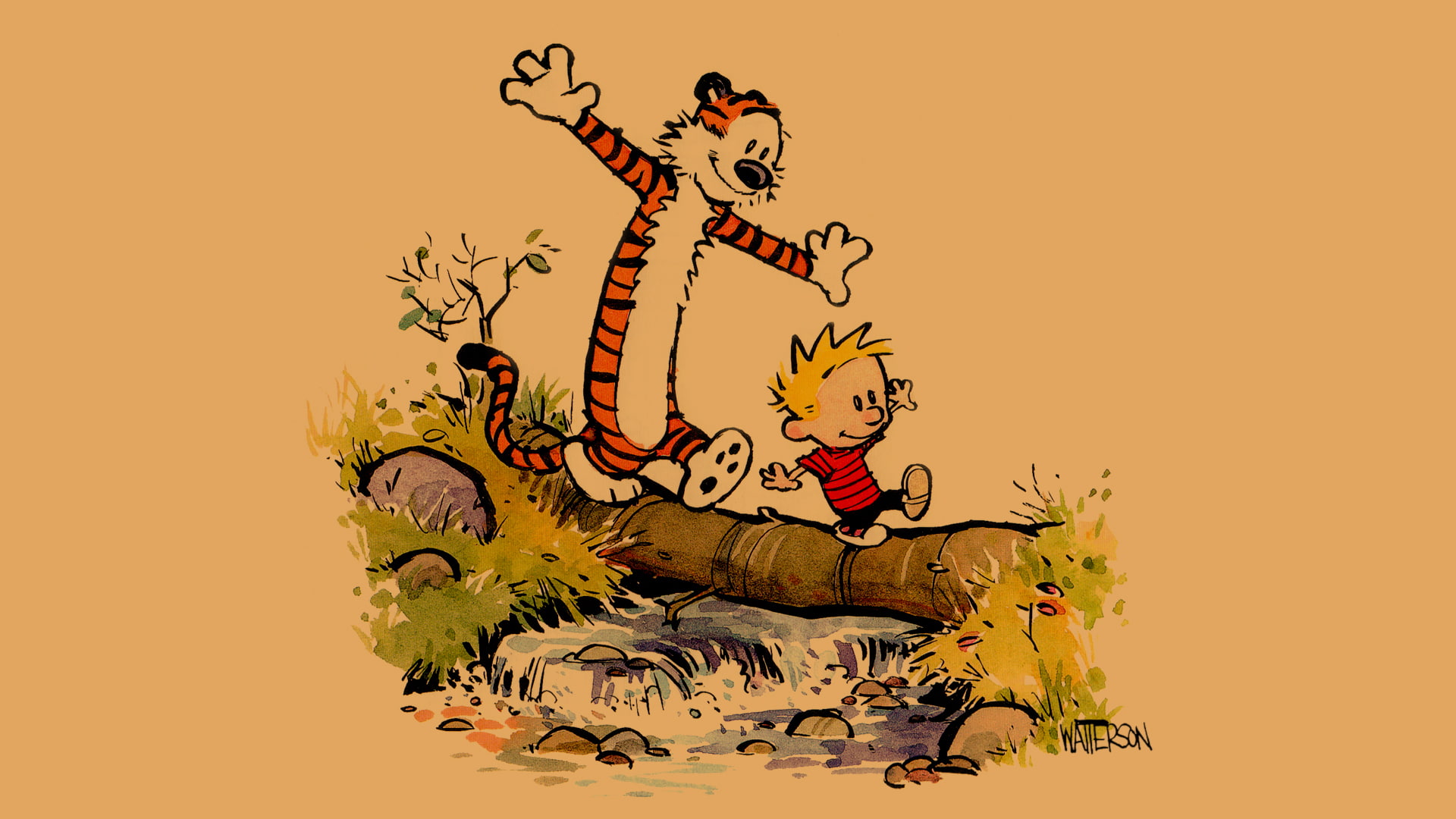 1080P, hd, log, and, calvin, balance, cartoon/comic, hobbes, HD Wallpaper