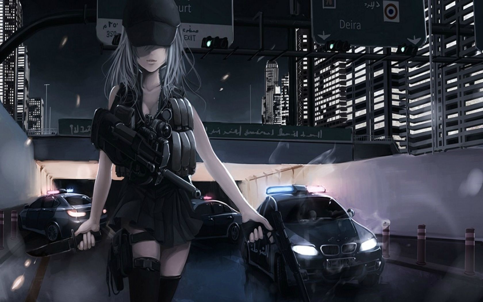 FN P90, police, anime girls, highway, anime, 720P, HD Wallpaper