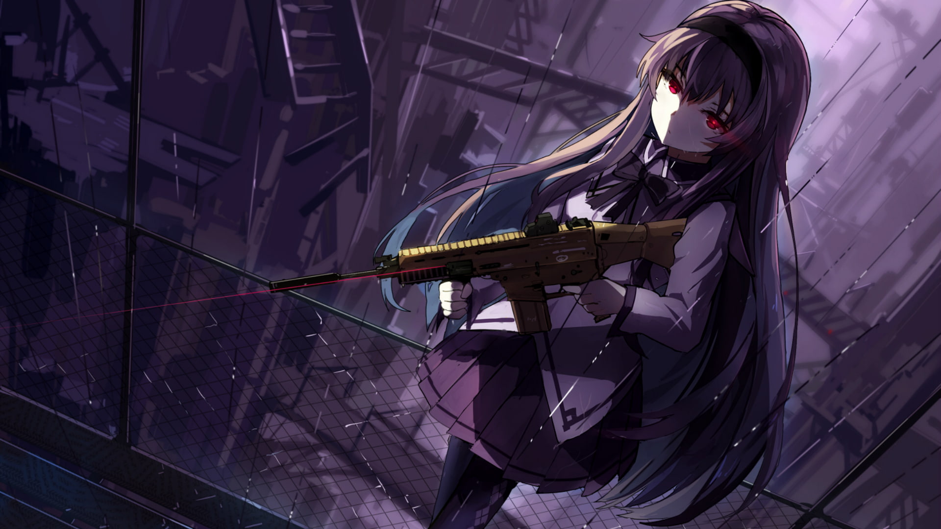 Akemi Homura, young women, assault rifle, laser, day, outdoors, full length, long hair, three quarter length, red eyes, lifestyles, one person, hair, hairstyle, HD Wallpaper