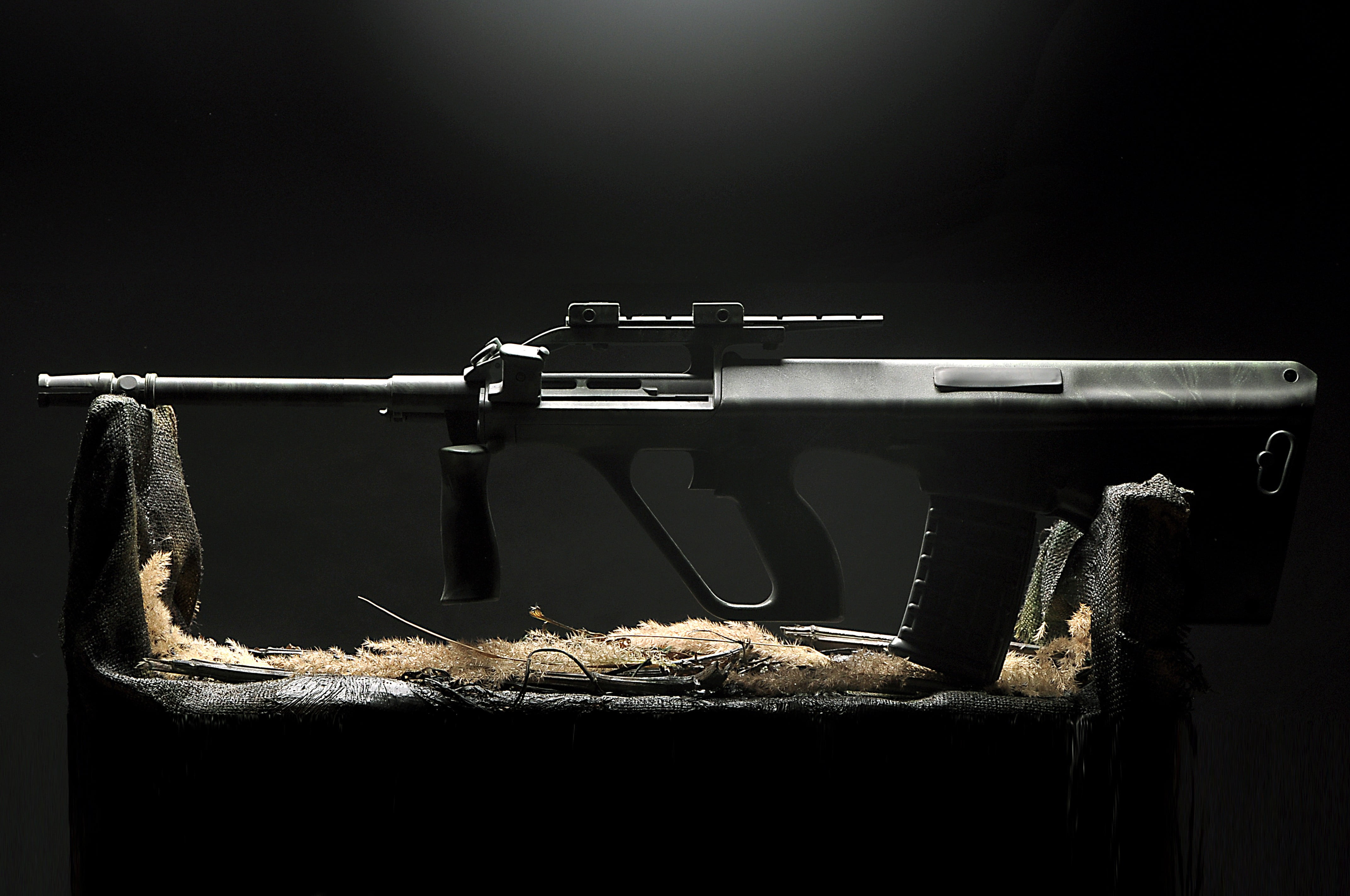 aggression, weapon, communication, safety, Steyr AUG, security, assault rifle, still life, gun, protection, explosive, 4K, food, military, indoors, black background, HD Wallpaper