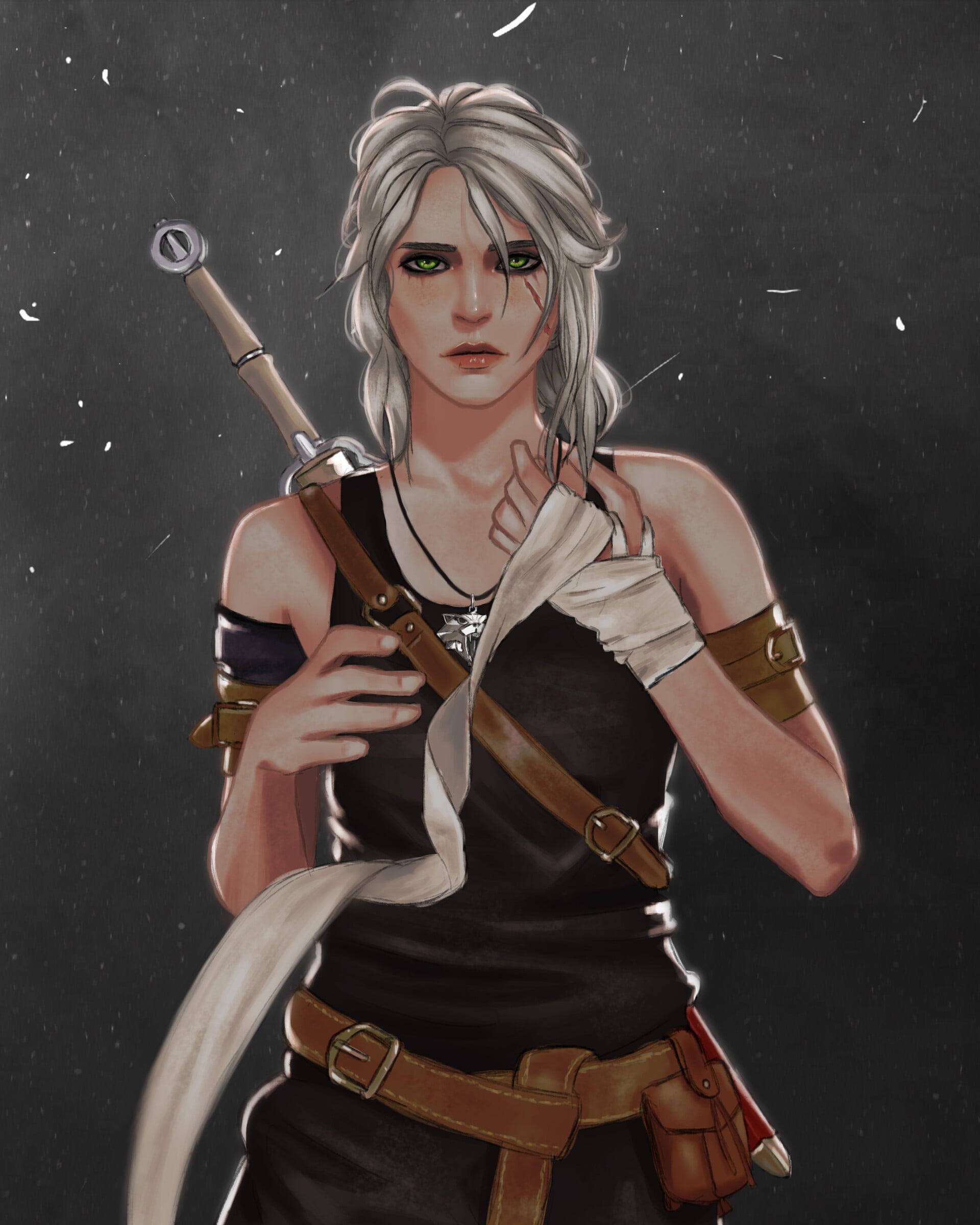 drawing, ArtStation, Zu Yuan Cesar, looking at viewer, artwork, fan art, 1080P, bandage, video game girls, women, Scar on Eye, Ciri, Cirilla Fiona Elen Riannon, Phone HD Wallpaper