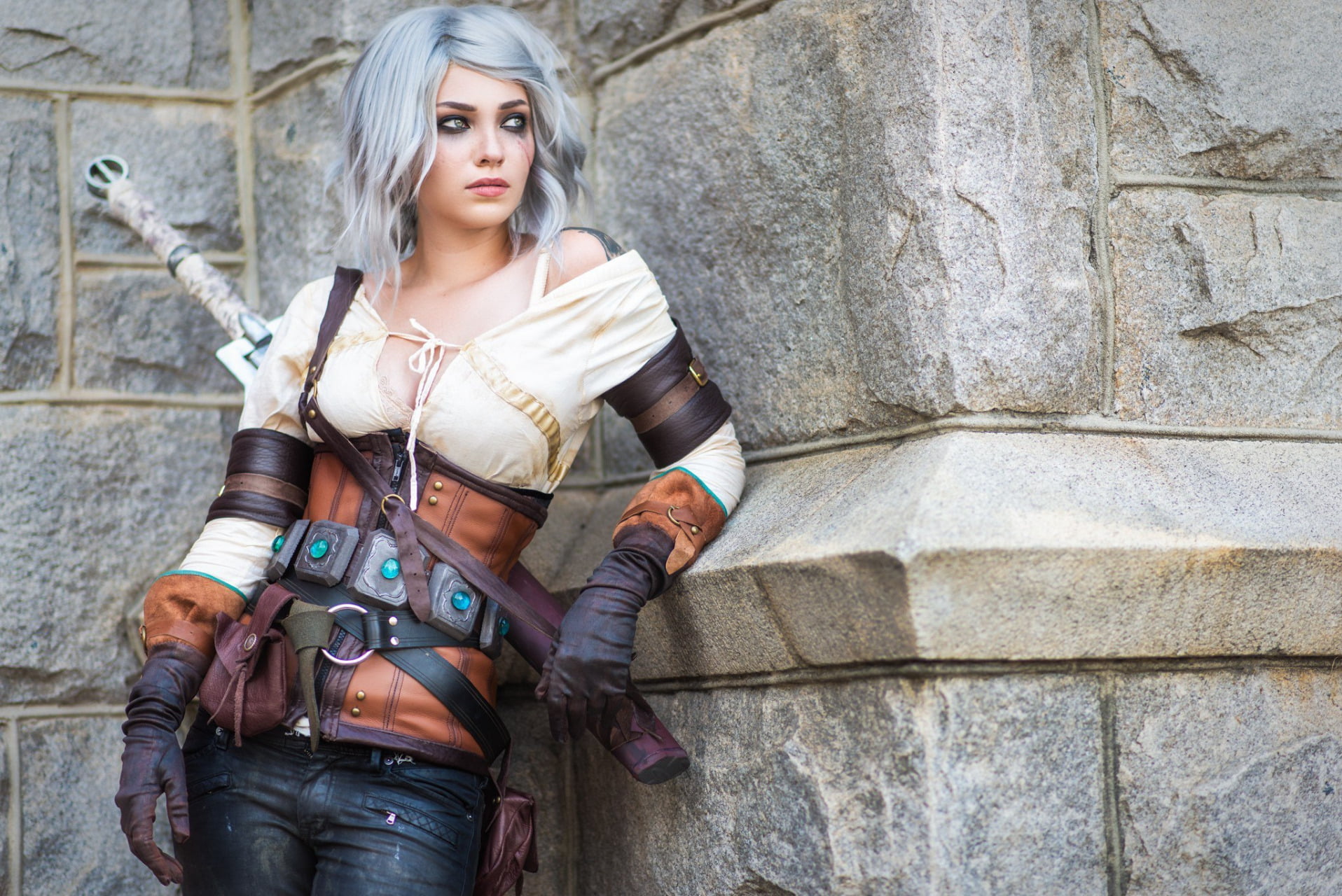 white hair, women, Ciri, The Witcher, looking at the side, model, video game girls, The Witcher 3, Scar on Eye, cleavage, The Witcher 3: Wild Hunt, Cirilla Fiona Elen Riannon, HD Wallpaper
