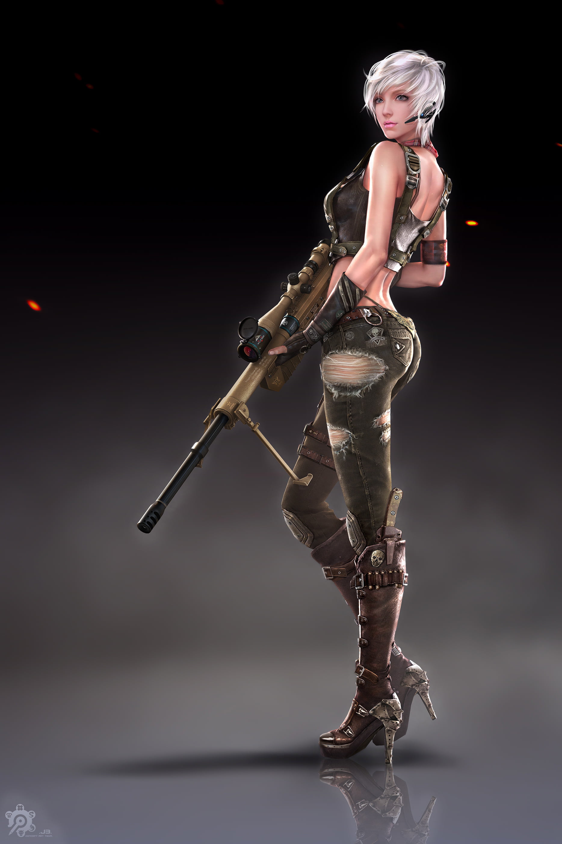 sniper rifle, microphone, boots, weapon, torn clothes, women, short hair, shadow, army gear, Ares, brown clothing, high heels, silver hair, 2K, pink lipstick, Phone HD Wallpaper