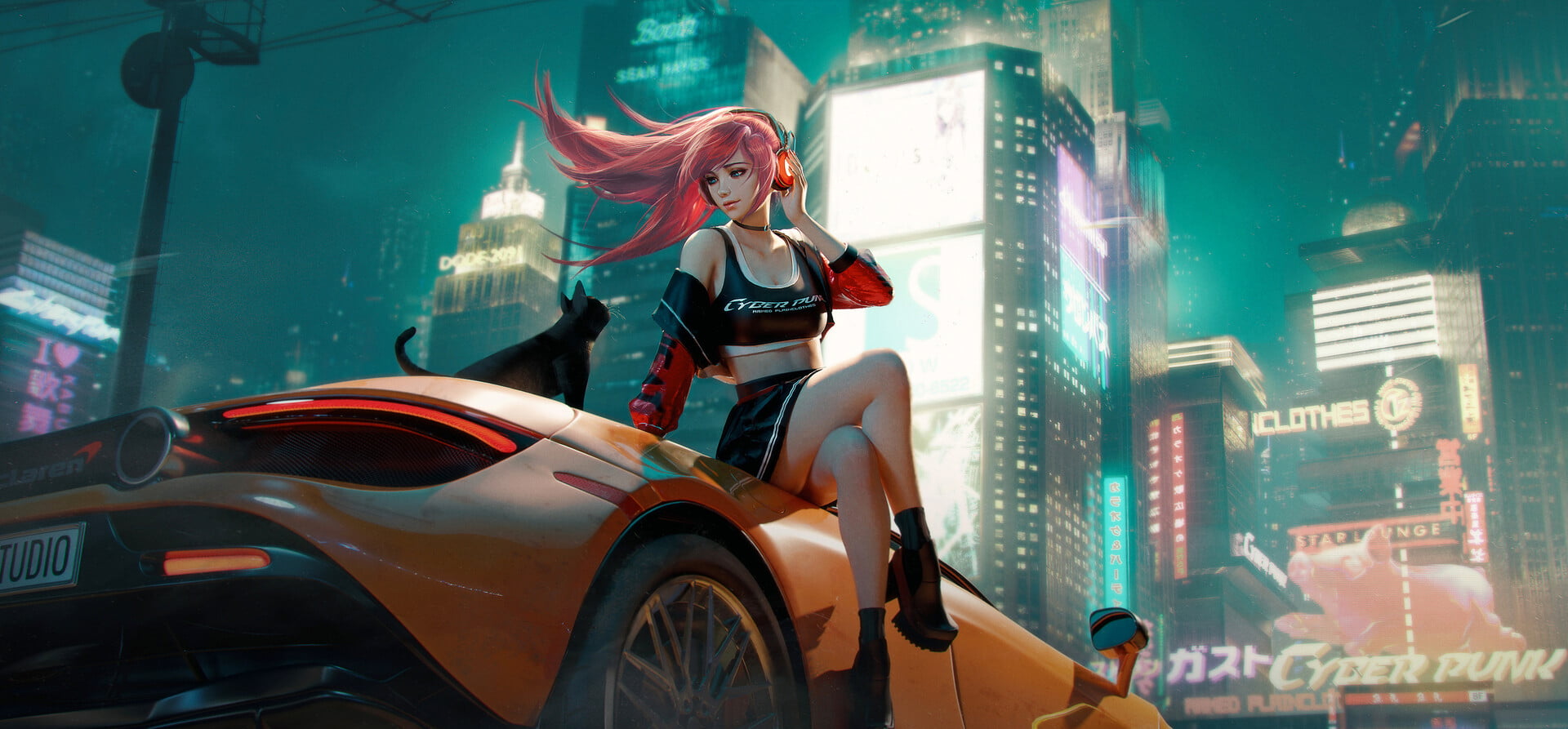 vehicle, 1080P, orange cars, futuristic city, artwork, long hair, cats, legs crossed, pink hair, legs, car, windy, animals, futuristic, sitting, women, HD Wallpaper