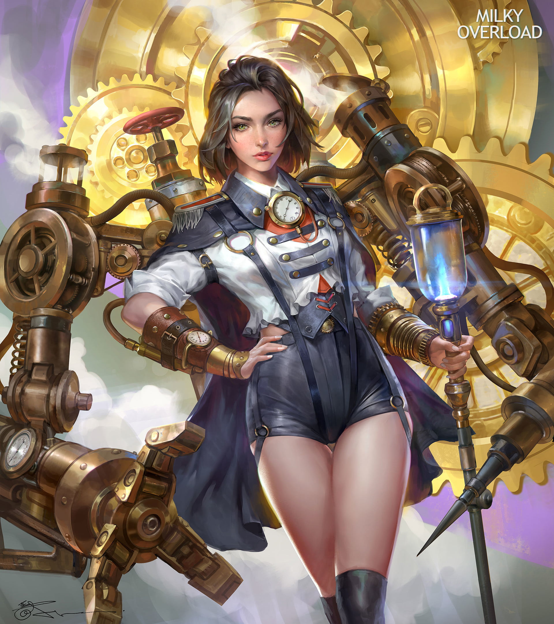 1080P, clocks, short hair, suspenders, looking at viewer, fantasy art, women, drawing, dark hair, green eyes, staff, steampunk, Jeremy Chong, watch, legs, Phone HD Wallpaper