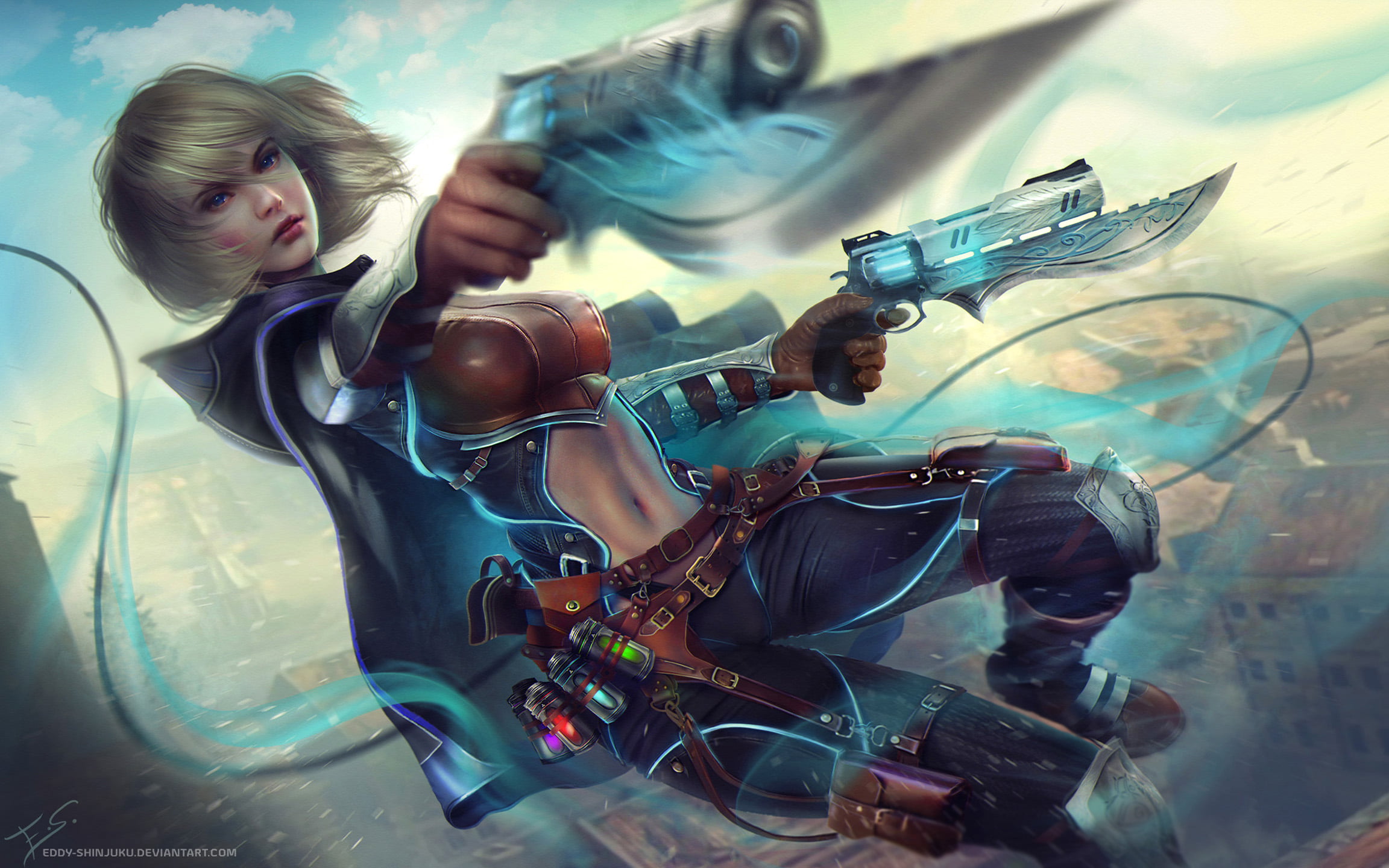 wind, short hair, blue eyes, drawing, Eddy Shinjuku, belt, fighting, gun, blades, blonde, cape, women, 1080P, pistol, blush, weapon, motion blur, pants, HD Wallpaper