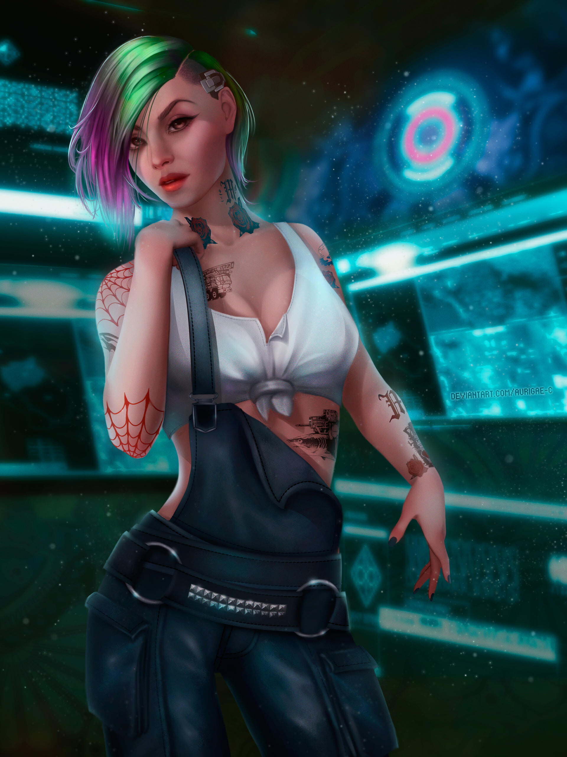 game art, fan art, women, cyberpunk, pink hair, green hair, cleavage, undercut (hairstyle), video game characters, digital painting, open mouth, 2K, artwork, Phone HD Wallpaper