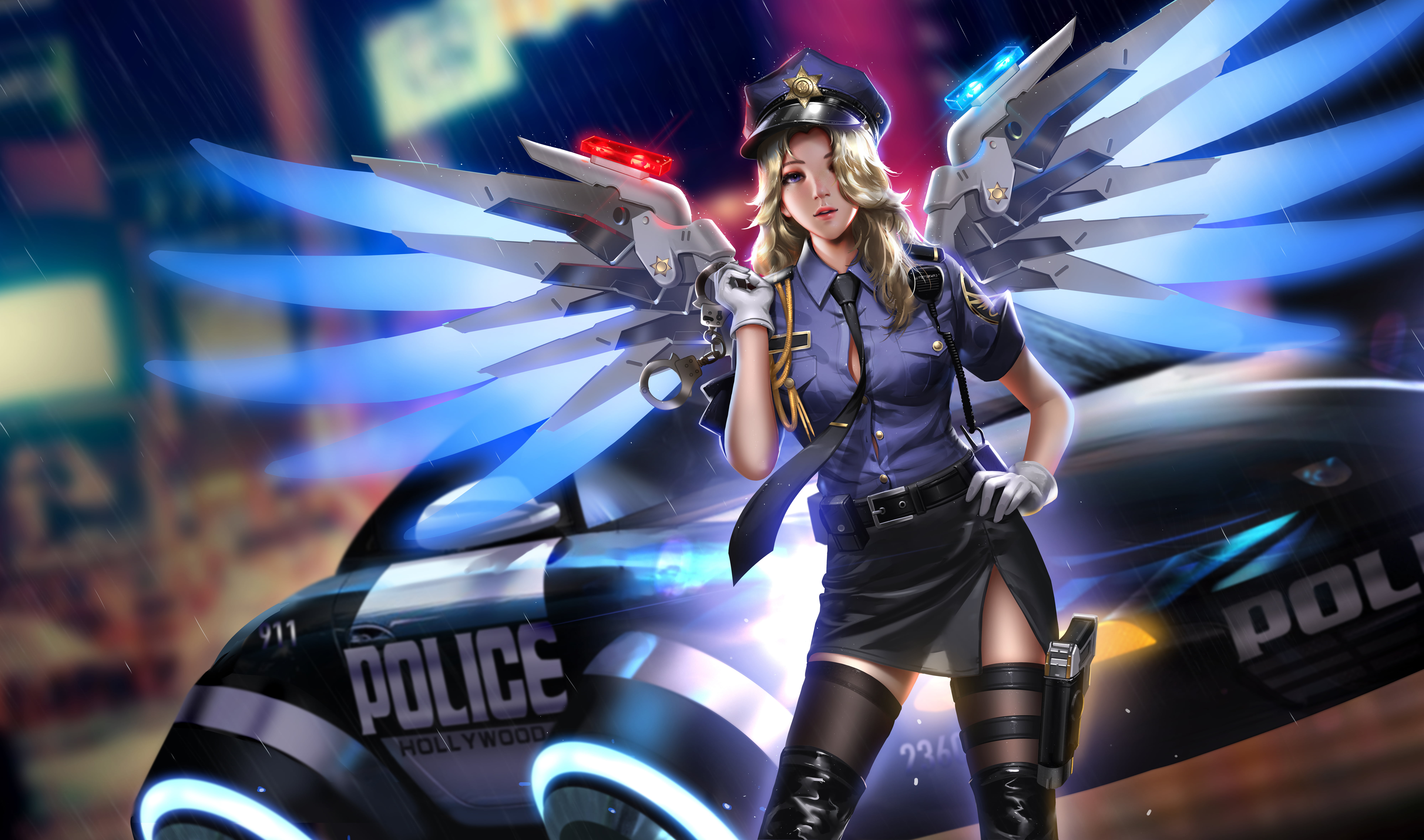 illustration, police cars, Mercy (Overwatch), futuristic, night, Overwatch, video game girls, digital art, 8K, blonde, cyberpunk, drawing, police women, HD Wallpaper