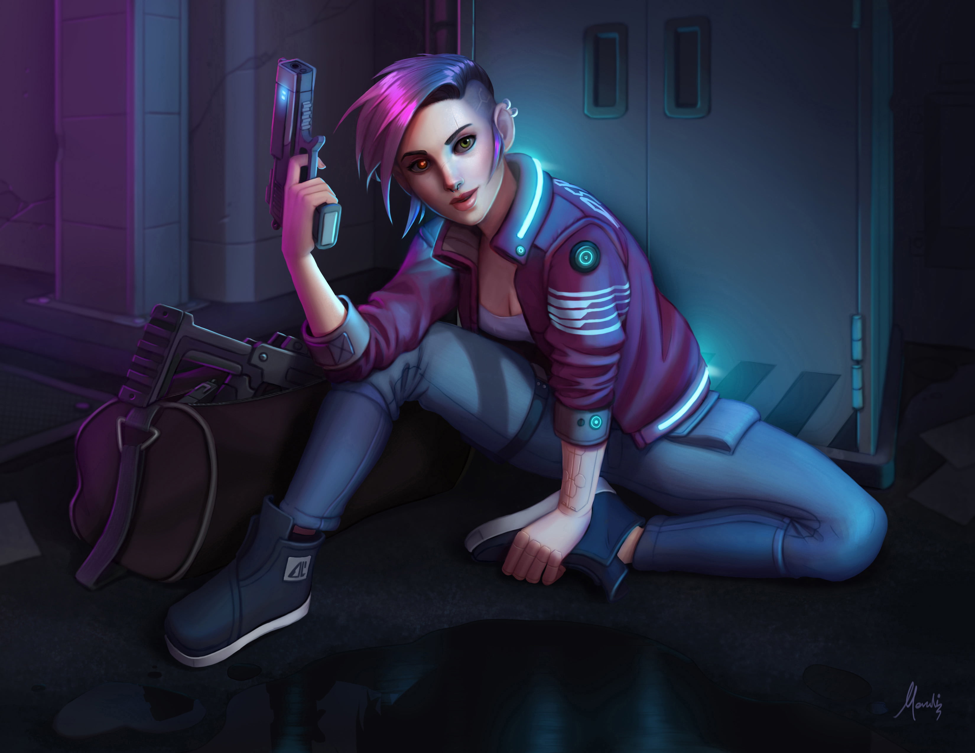 on the floor, 2K, women, digital art, pink hair, cyberpunk, artwork, Cyberpunk 2077, game art, open jacket, short hair, digital painting, pierced ear, HD Wallpaper