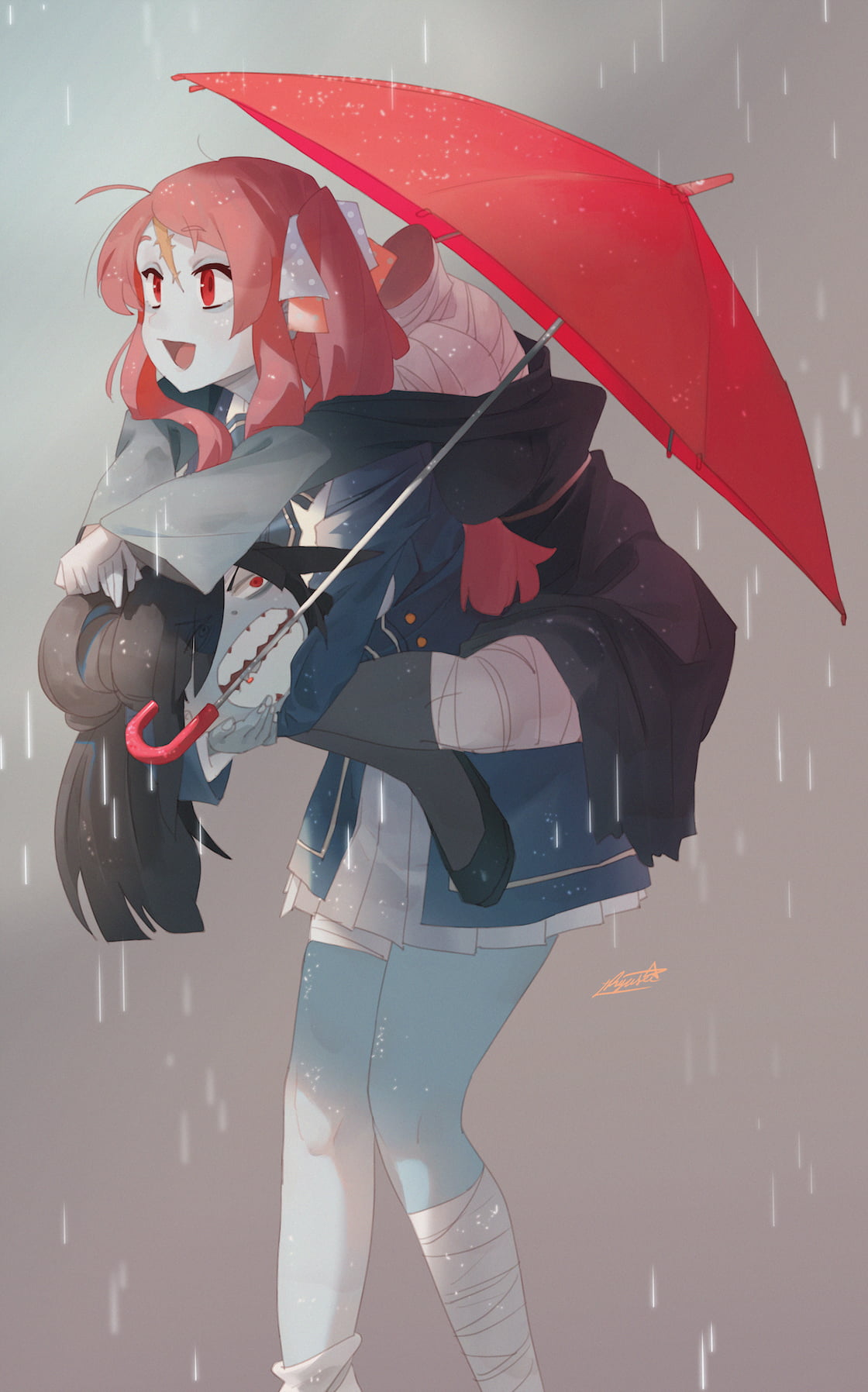 2D, red umbrella, monster girl, ahoge, anime, piggyback, zombies, standing, bandage, redhead, hair over one eye, Zombie 0 / Tae Yamada, curvy, clenched teeth, Phone HD Wallpaper