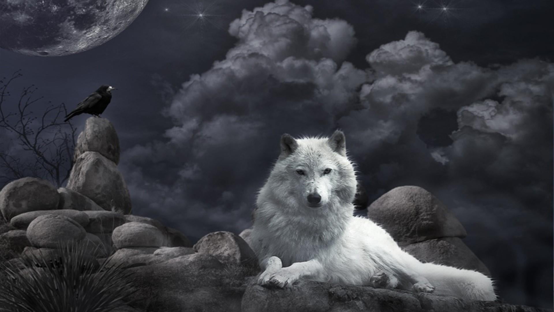 rock, night, one animal, stars, wolf, 1080P, fantasy art, digital composite, portrait, raven, night sky, sky, mammal, moon, clouds, animals in the wild, HD Wallpaper